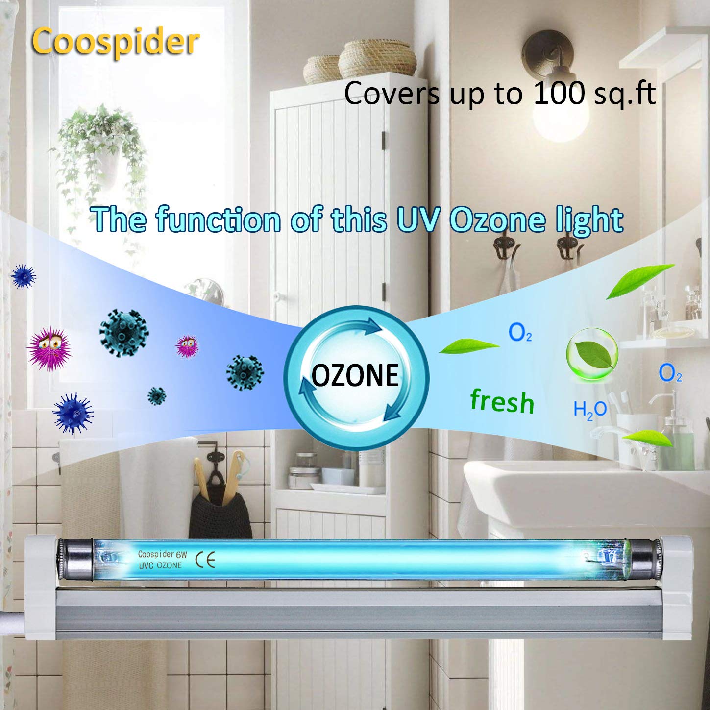 COOSPIDER UVC Light Lamp 185nm with 253.7nm Bulb 5ft Cord and Plug 110V (6W Ozone Lamp)