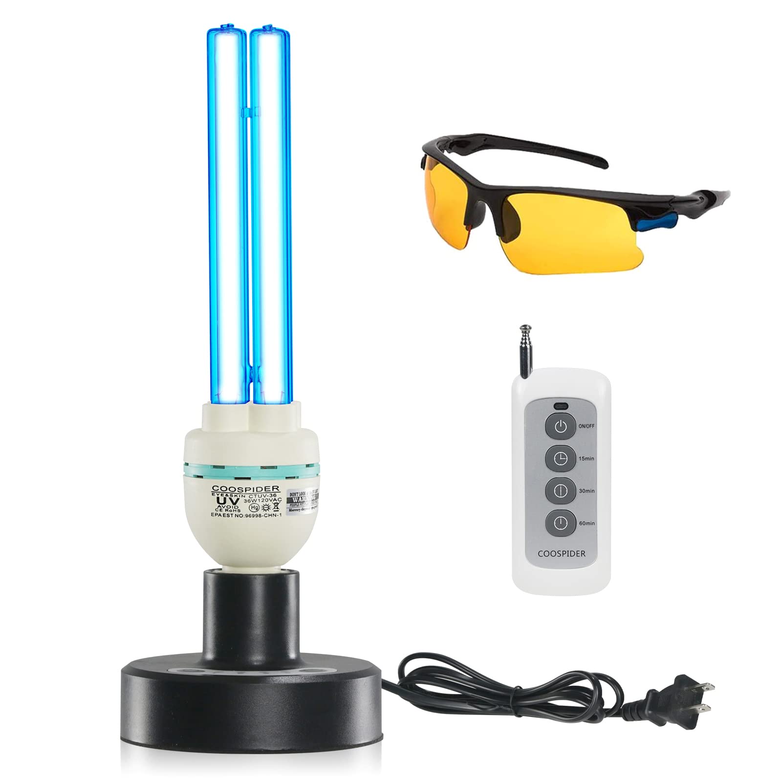 COOSPIDER UV Germicidal Light Sterilization rate 99.99% Remote Control Timer 15/30/60 minutes 120V 36W Table Lamp,for Remove Musty (Ozone-free CTUV-36)