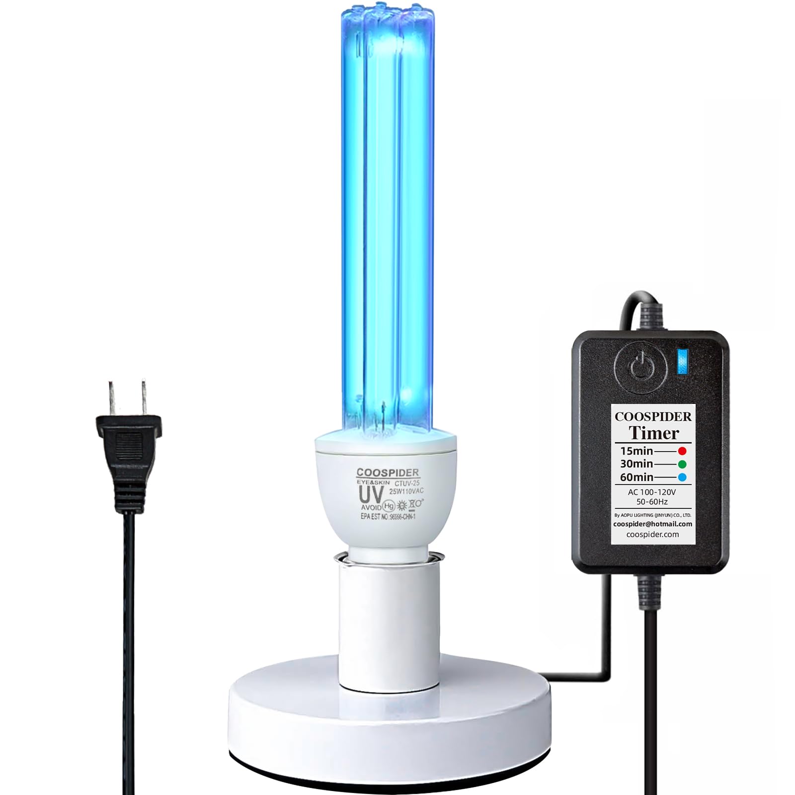 COOSPIDER UV with Ozone Germicidal Light Bulb Timer Lamp Base E26 25W 110V, Covers up to 400sq.ft (CTUV-25)