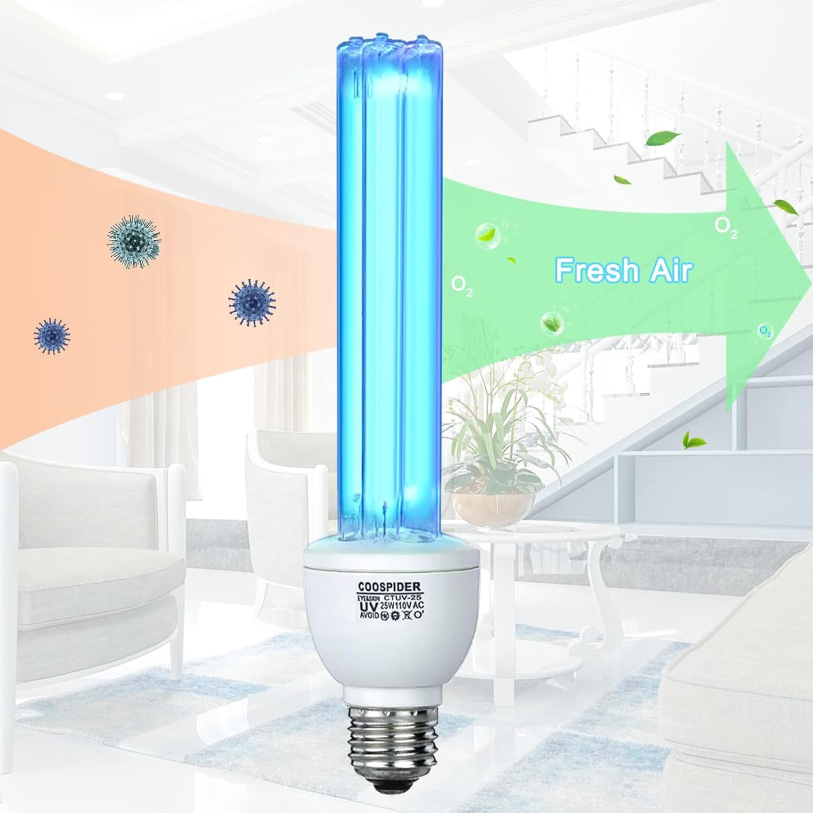 COOSPIDER UV with Ozone Germicidal Light Bulb Timer Lamp Base E26 25W 110V, Covers up to 400sq.ft (CTUV-25)