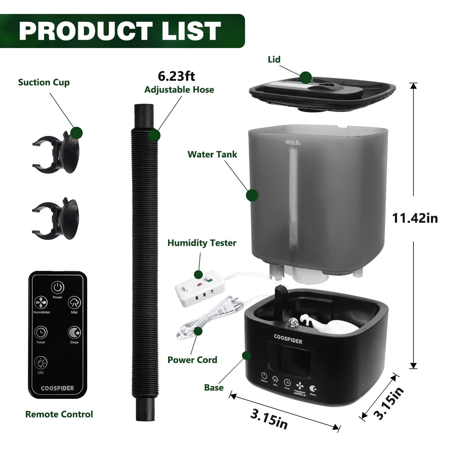 Coospider 5L Reptile Fogger Humidifier, Automatic Humidifiers for Reptiles Tank, Terrarium Humidifiers with Timer and Humidity Control, Reptile Misting System for Reptiles Amphibians Herps Vivarium