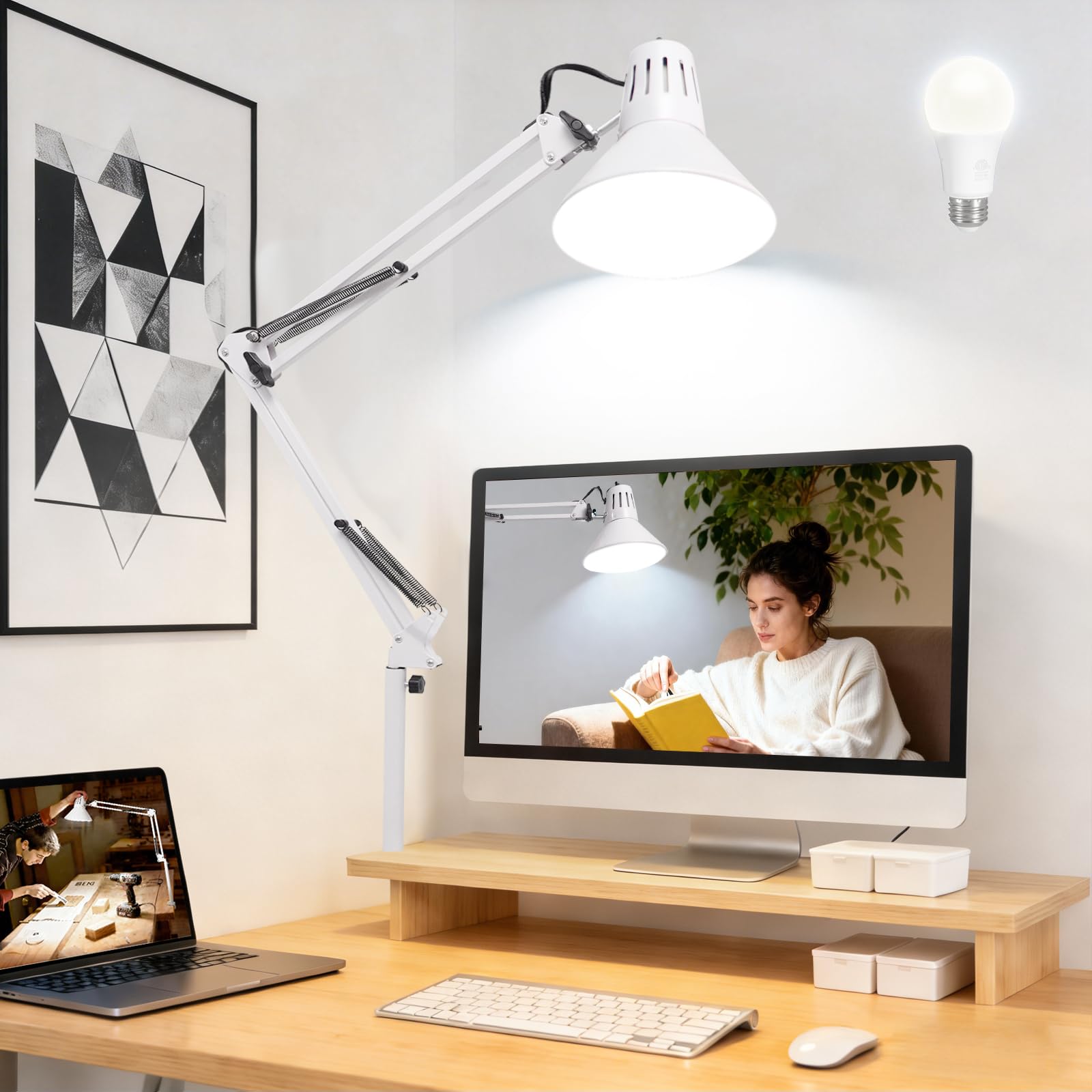 2 Pack LED Desk Lamp With Clamp for Office Home, Eye-Caring Desk Light with 360°Adjustable Extra Tall Metal Swing Arm, High Intensity Clamp w/A19 E26 Bulb for Working Reading, 3000k Table Lamps Warm Light