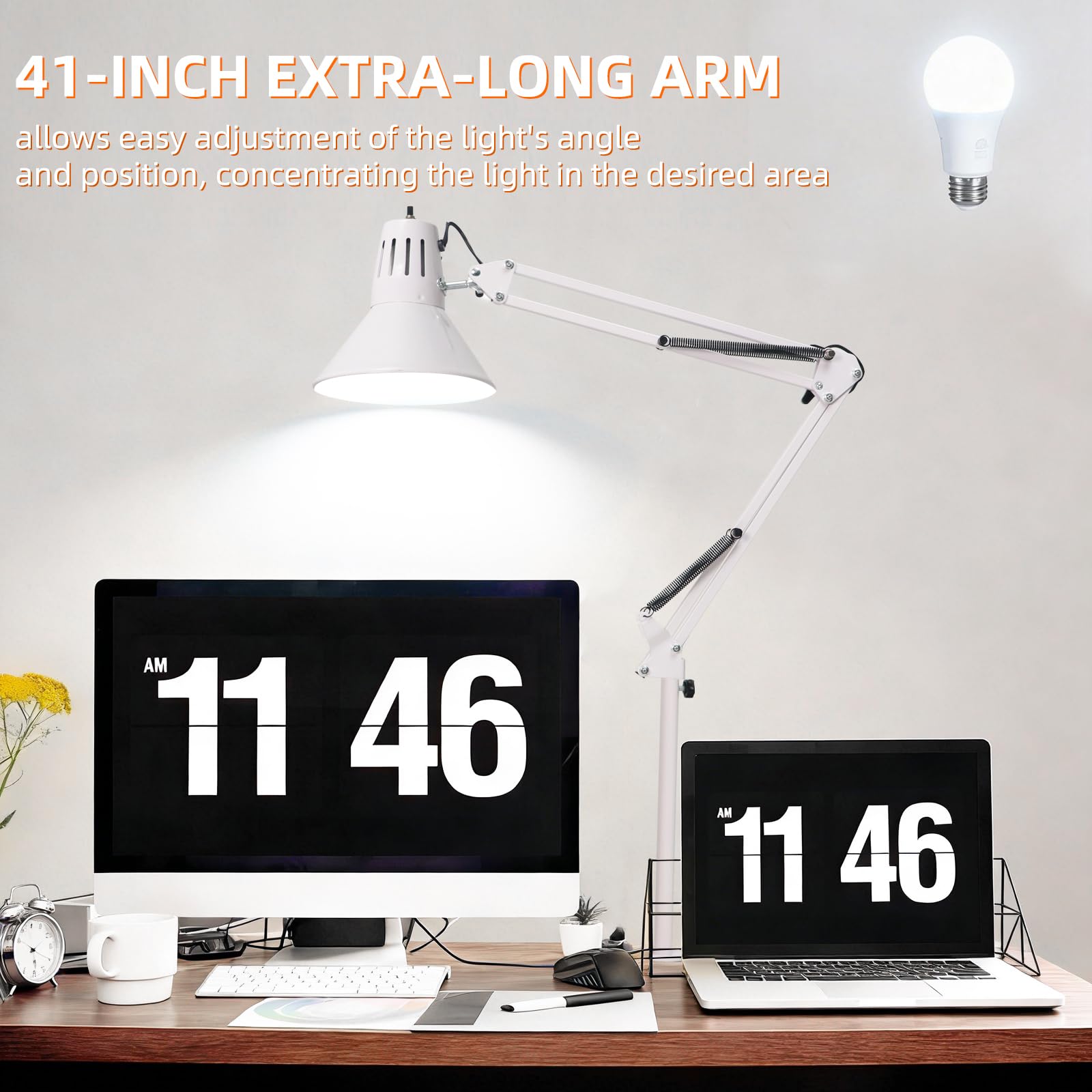 2 Pack LED Desk Lamp With Clamp for Office Home, Eye-Caring Desk Light with 360°Adjustable Extra Tall Metal Swing Arm, High Intensity Clamp w/A19 E26 Bulb for Working Reading, 3000k Table Lamps Warm Light