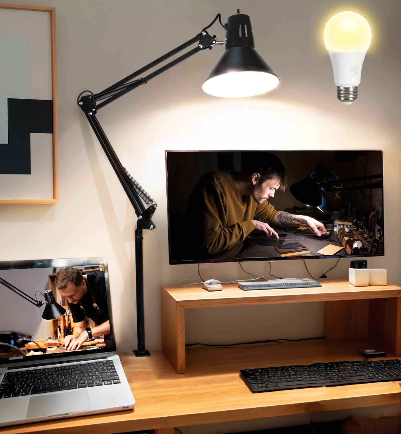Desk Lamp for Home Office Eye-Caring Metal Extra Tall Swing Arm High Intensity Clamp Flexible Gooseneck wA19 E26 LED Bulb Side Table Working Reading Architect Computer Workbench Puzzle Warm Light