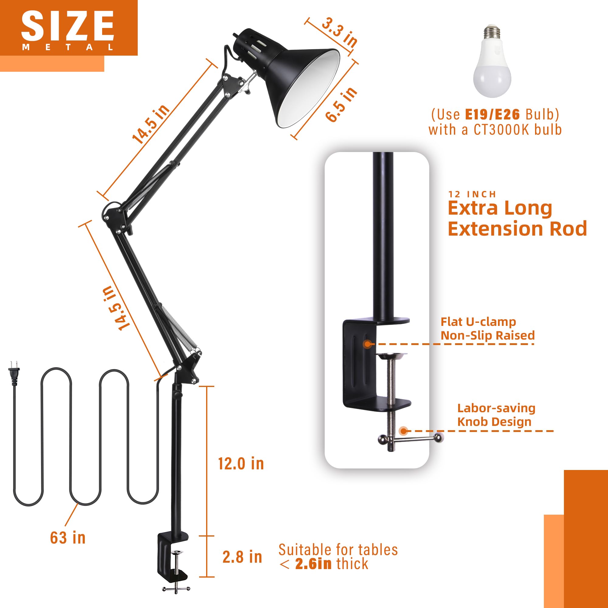 Desk Lamp for Home Office Eye-Caring Metal Extra Tall Swing Arm High Intensity Clamp Flexible Gooseneck wA19 E26 LED Bulb Side Table Working Reading Architect Computer Workbench Puzzle Warm Light