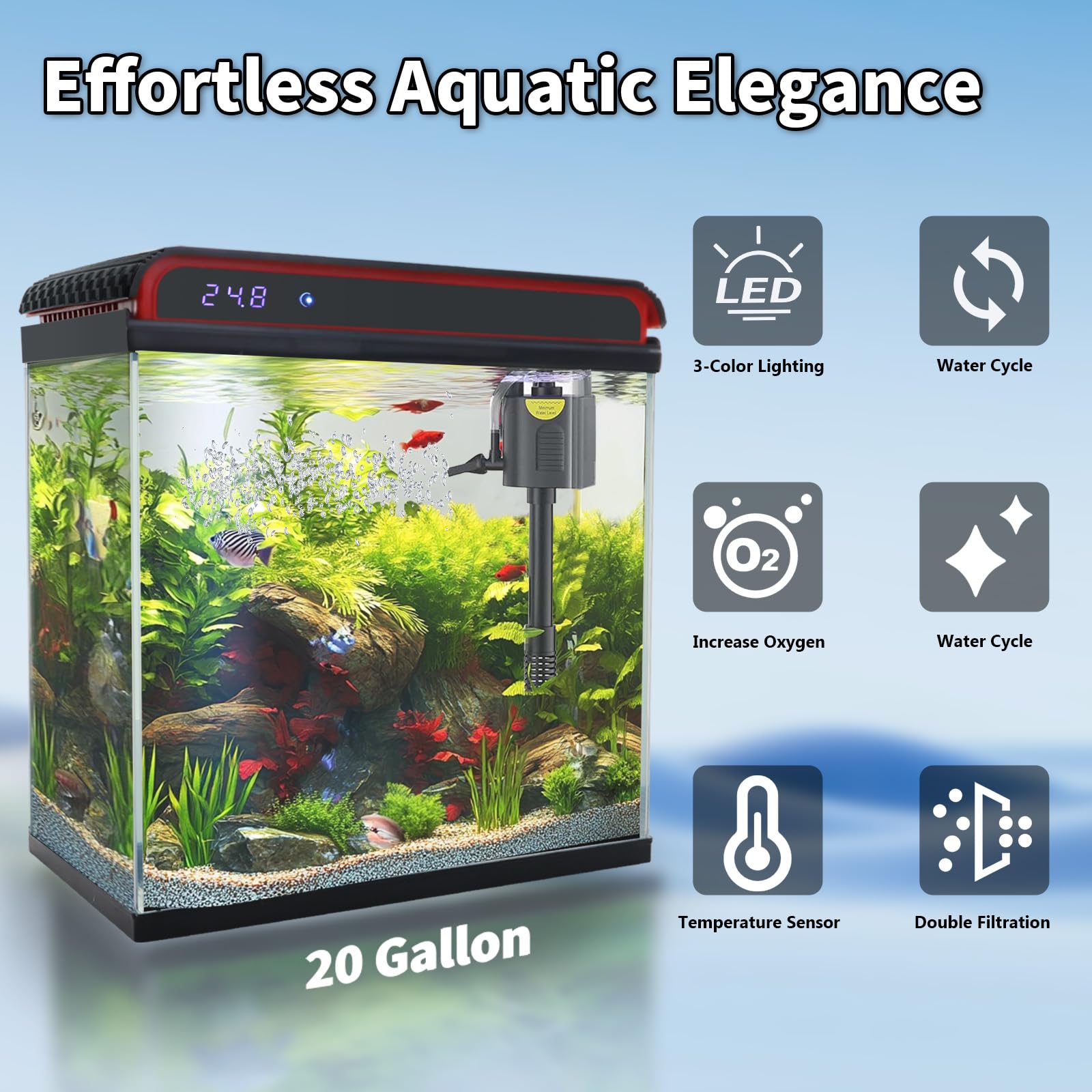 Glass 20 Gallon Fish Tank Aquarium - Smart Self-Cleaning Starter Kit w