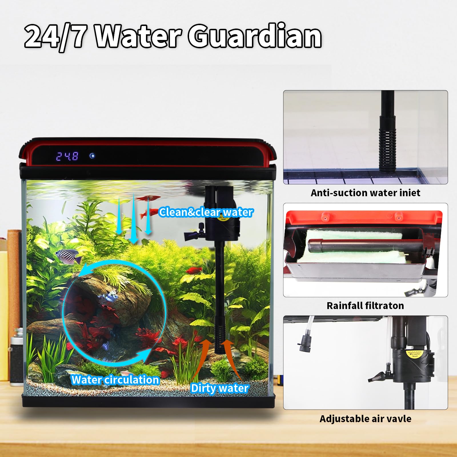 Glass 20 Gallon Fish Tank Aquarium - Smart Self-Cleaning Starter Kit with 3-Color LED Light, Ultra Quiet Pump & Filter, Temperature Monitoring for Betta Fish and Shrimp