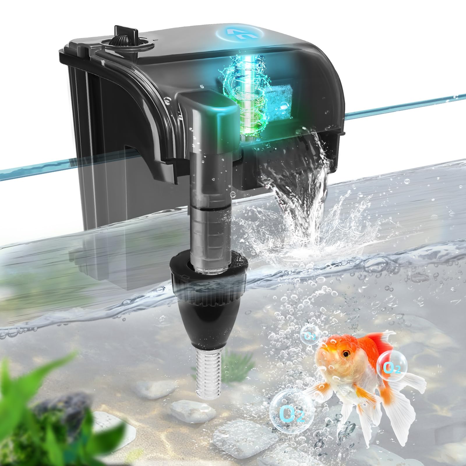 Hang on Back Aquarium Power Filter wDetachable U-V Light Canister & Surface Skimmer 158GPH for 10-40 Gal. Fish Tank 4-Stage Deodorization Keep Saltwater Freshwater Crystal Clear Green Clean Machine