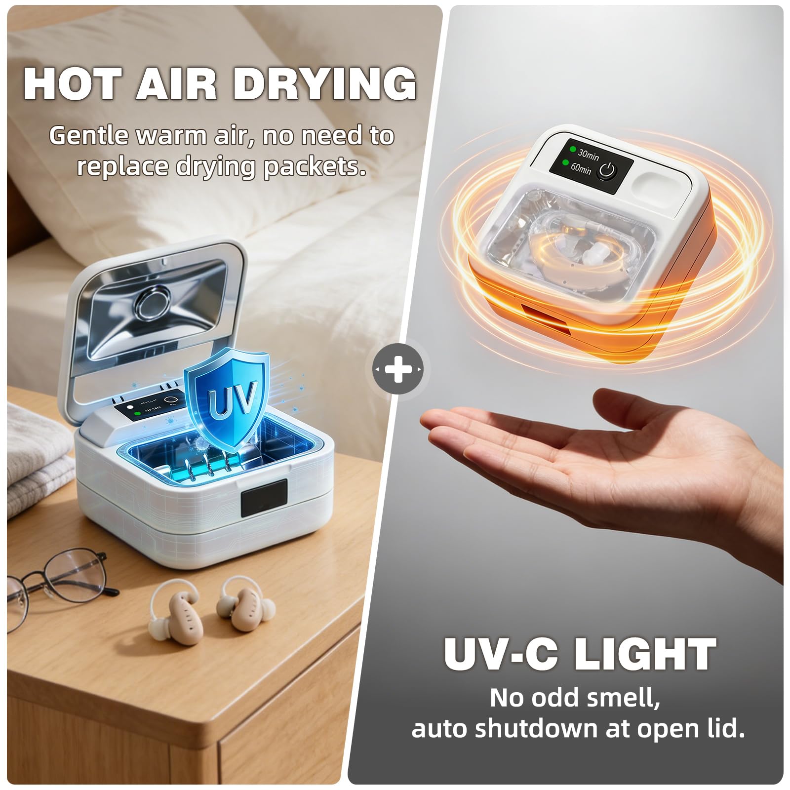 Hearing Aid Dryer Dehumidifier, with UV-C Sanitizer Light, Automatic Shut-Off Dryer Box, Fast Drying, Ultra-Quiet and Portable for Hearing Aids, Earbuds, AirPods, Amplifiers, Earbuds