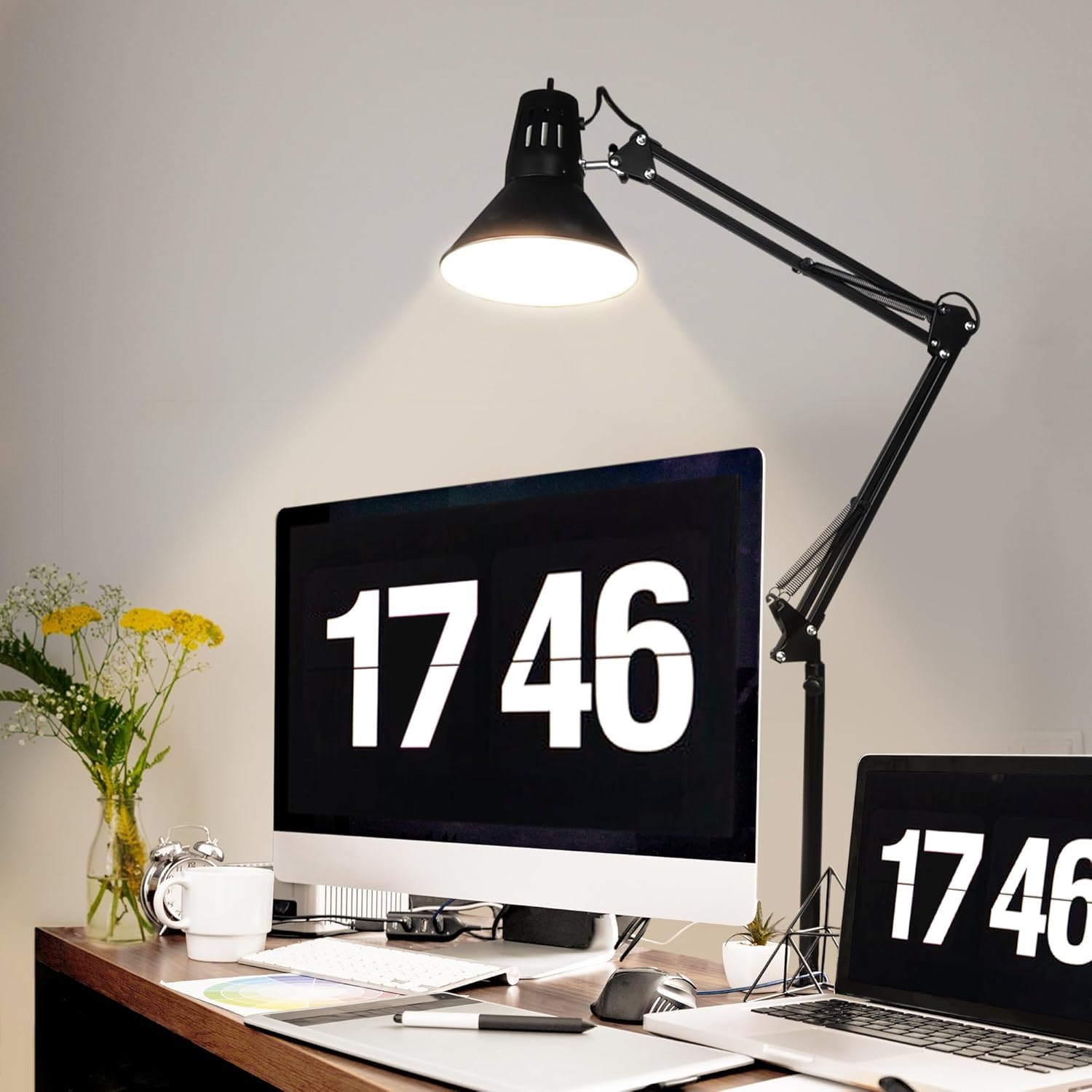 Hypool Desk Lamp wA19 E26 LED Bulb for Home Office Eye-Caring Metal Extra Tall Swing Arm High Intensity Clamp Flexible Gooseneck Side Table Working Reading Computer Workbench 5000K White Light