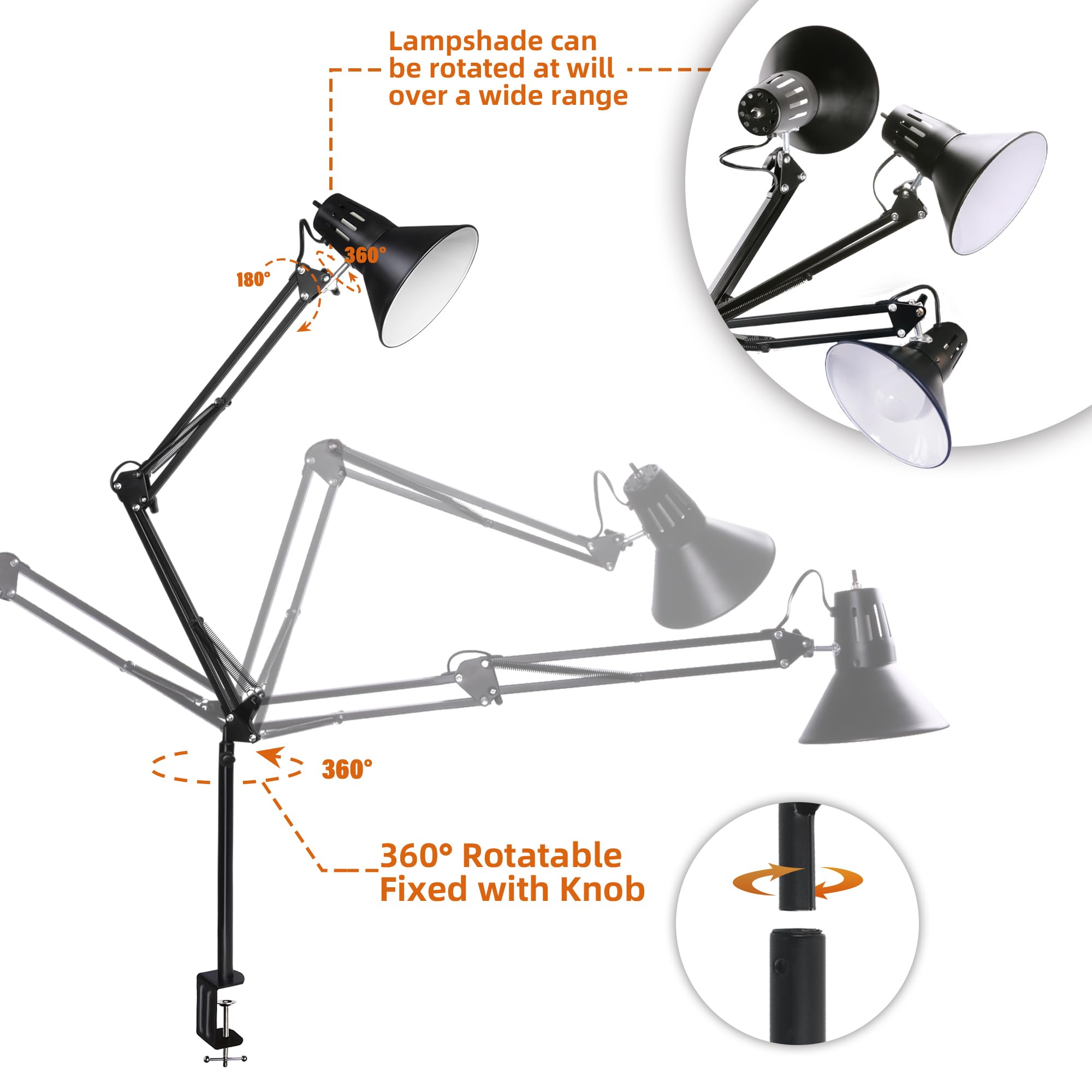Hypool Desk Lamp wA19 E26 LED Bulb for Home Office Eye-Caring Metal Extra Tall Swing Arm High Intensity Clamp Flexible Gooseneck Side Table Working Reading Computer Workbench 5000K White Light