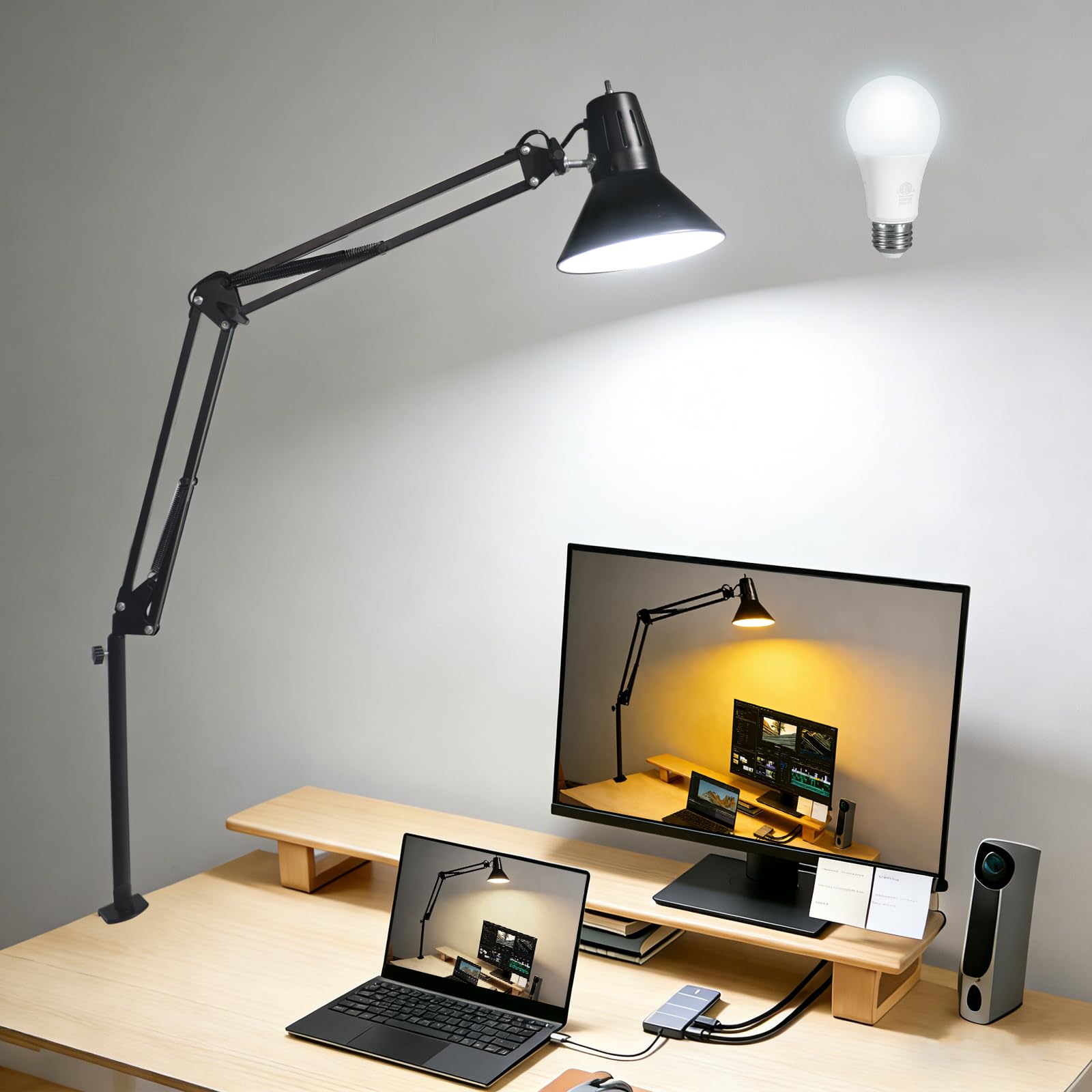 LED Desk Lamp Dimmable with Clamp, Eye-Caring Clip on Lights for Home Office, 3 Adjustable Color Temperature,Extra Tall Metal Swing Arm, High Intensity Clamp wA19 E26 Bulb for Working Reading, Black