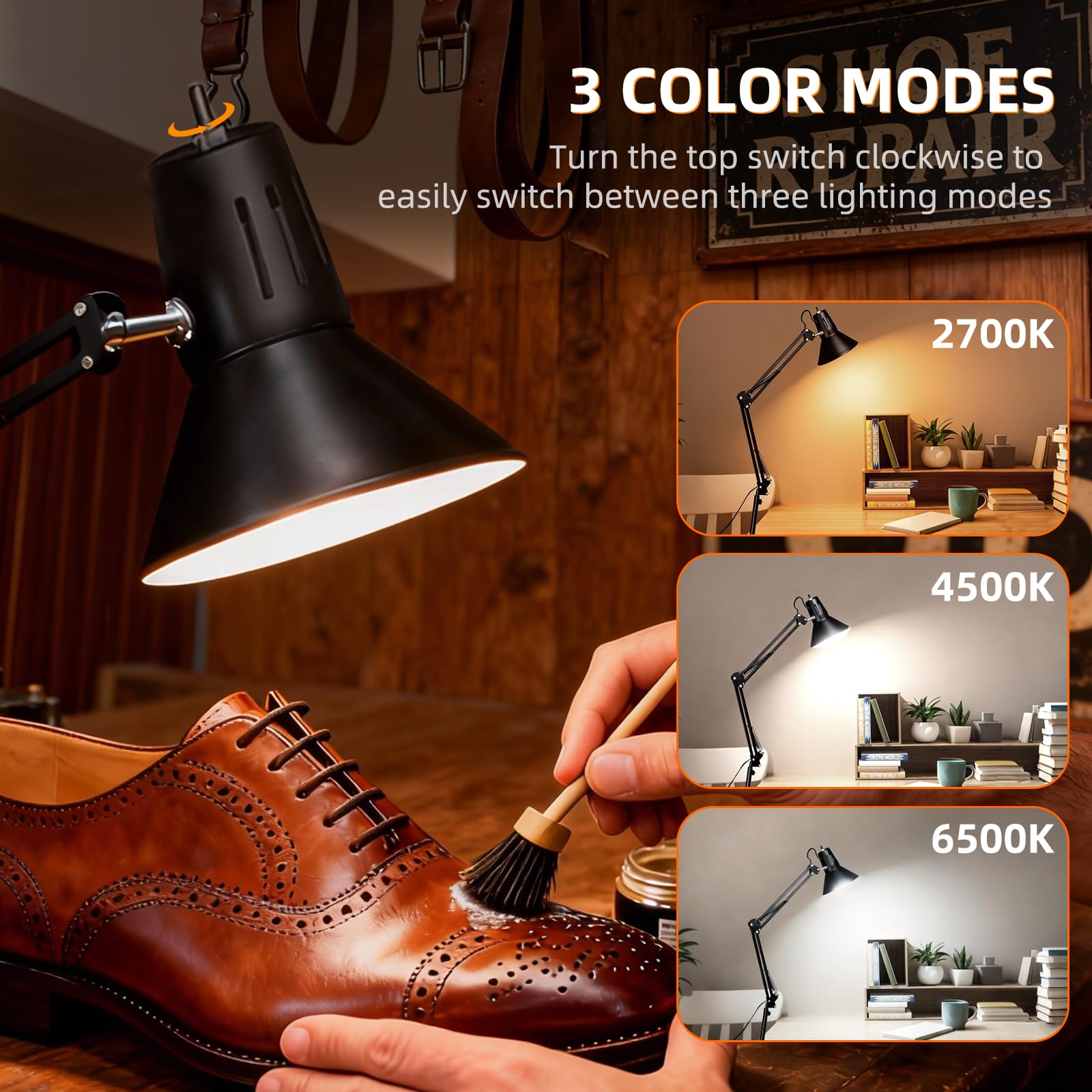 LED Desk Lamp Dimmable with Clamp, Eye-Caring Clip on Lights for Home Office, 3 Adjustable Color Temperature,Extra Tall Metal Swing Arm, High Intensity Clamp wA19 E26 Bulb for Working Reading, Black