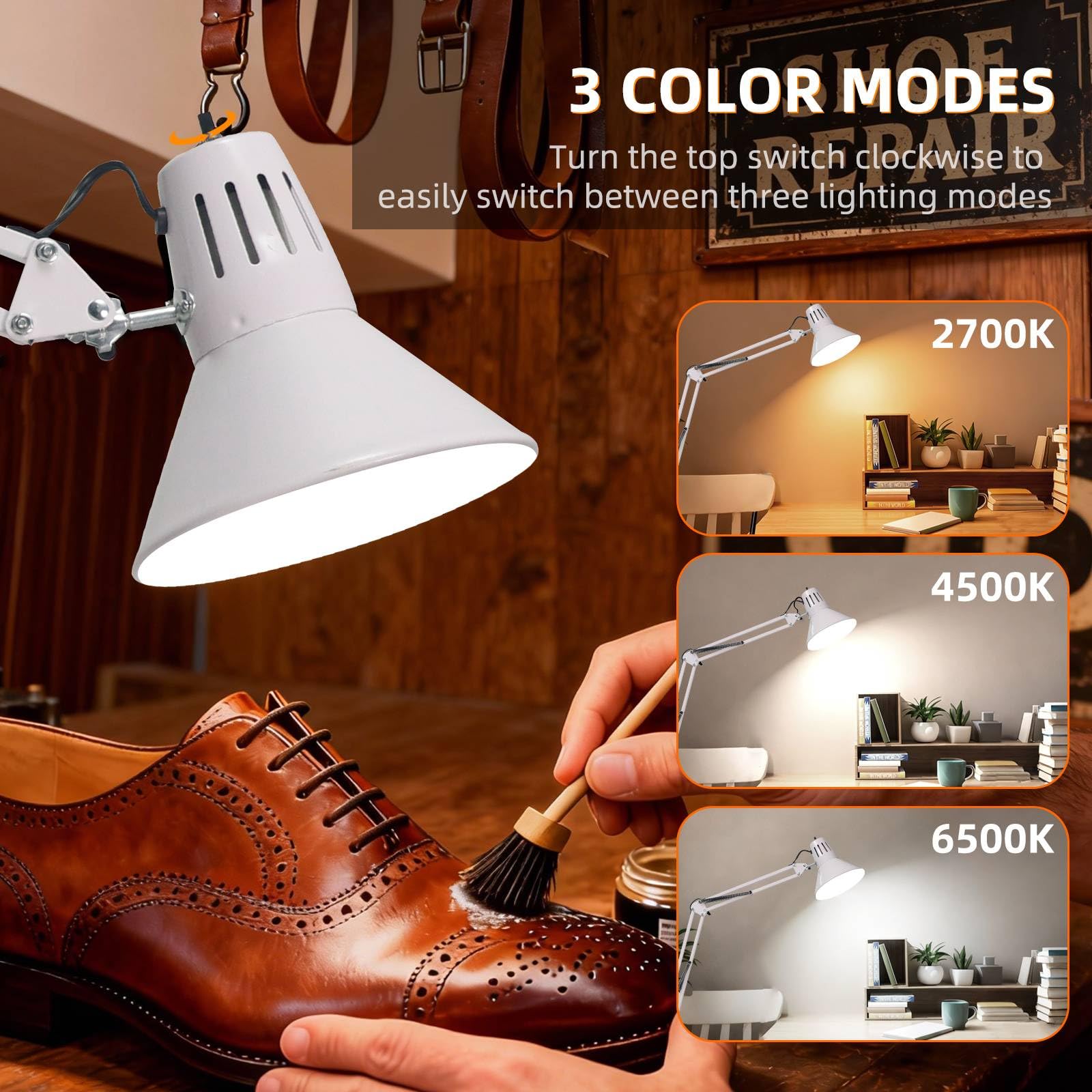 LED Desk Lamp Dimmable with Clamp, Eye-Caring Clip on Lights for Home Office, 3 Adjustable Color Temperature,Extra Tall Metal Swing Arm, High Intensity Clamp wA19 E26 Bulb for Working Reading, White