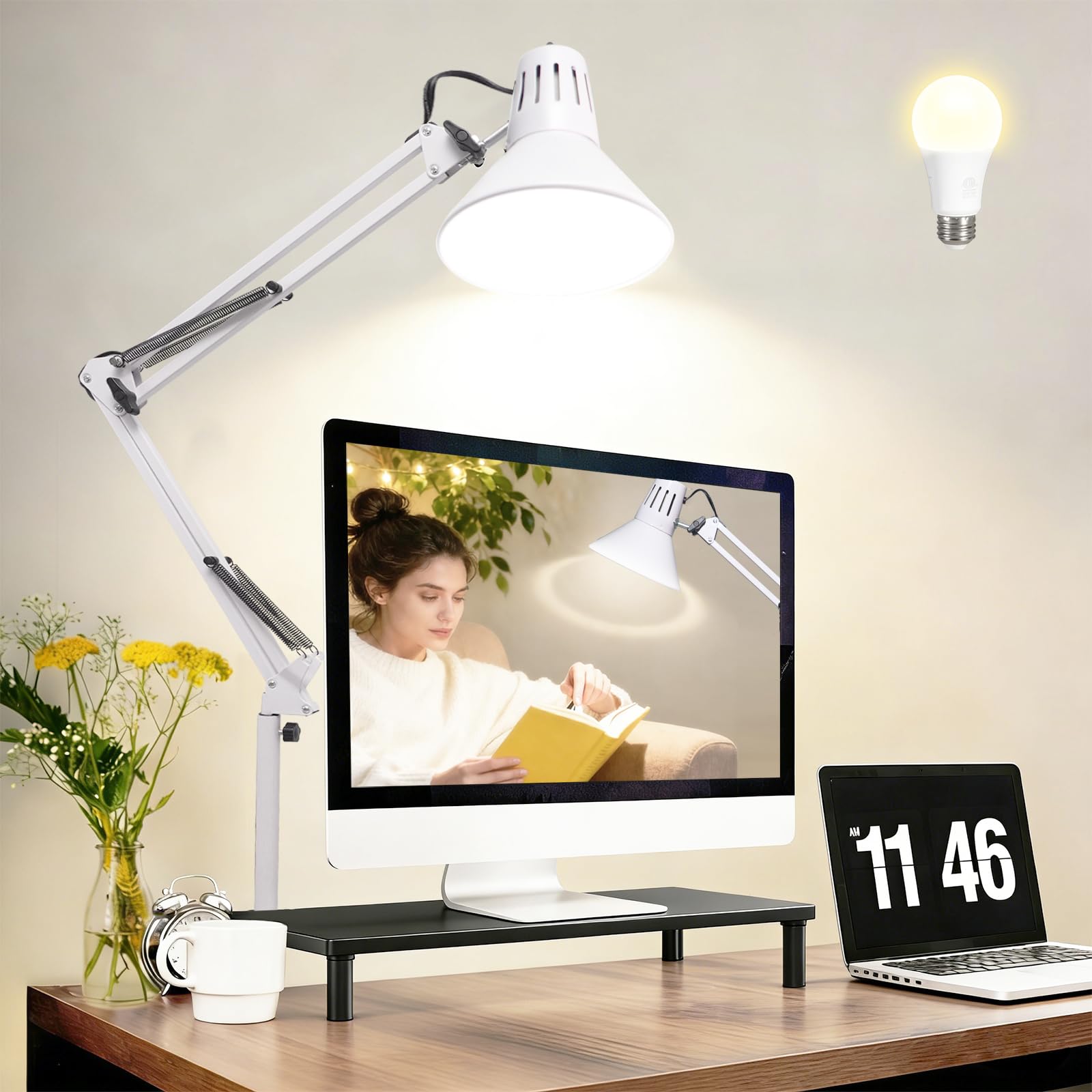2 Pack Desk Lamp With Clamp for Home Office, Eye-Caring Clip on Light with Adjustable Extra Tall Metal Swing Arm, High Intensity Clamp Lamp w/LED Bulb, Architect Task Table Lamps for Study, Workbench-W/5000k