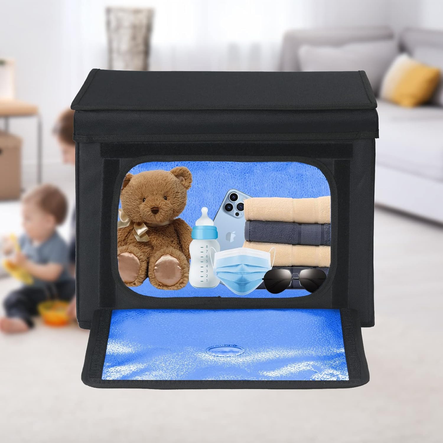 Large UVC Sanitizer Box Ozone Free, Foldable Cleaner Bag with Timer, 36L9.5gal UV Light Bulb Black Tote for Shoes, Cell Phone, Baby Bottle, Key, Towel