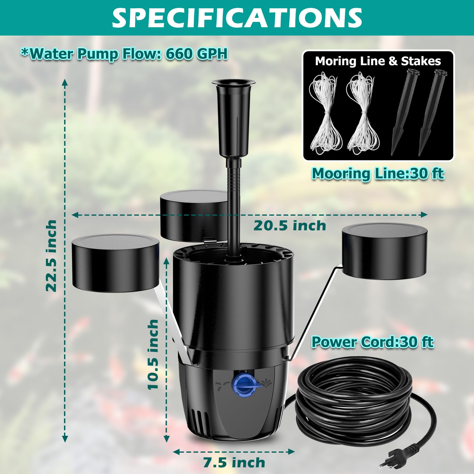 Pond Fountain Floating Pool Fountain & Floating Pool Skimmer 2 in 1 Machine w 7 Colors Submersible Light 600GPH Water Pump Aerator 30Ft. Power Cord for Ponds Swimming Pool Fishponds Lake