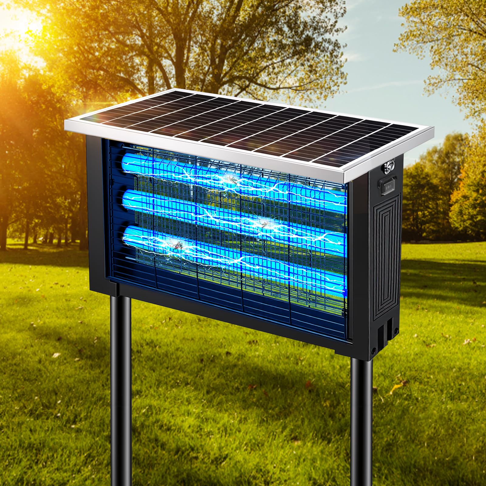 Powerful Solar Bug Zapper Outdoor with 3 LED Tube, Mosquito Zapper Waterproof Poartable Rechargeable Fly Zapper 3500V, Cordless Solar Fly Trap for Patio Garden Backyard Patio RV Camping for 3000 sq.ft
