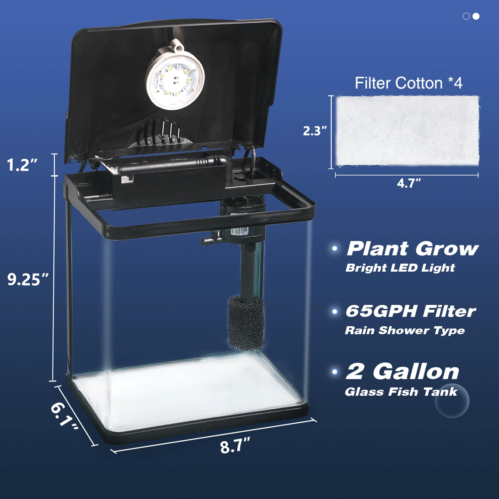Small Fish Tank, 2 Gallon Glass Aquarium, Betta Fish Shrimp Goldfish Tropical Fish Starter Kit Self Cleaning with Filter & LED Plant Light, Ultra-Quiet Kids Room Decoration Fish Tank