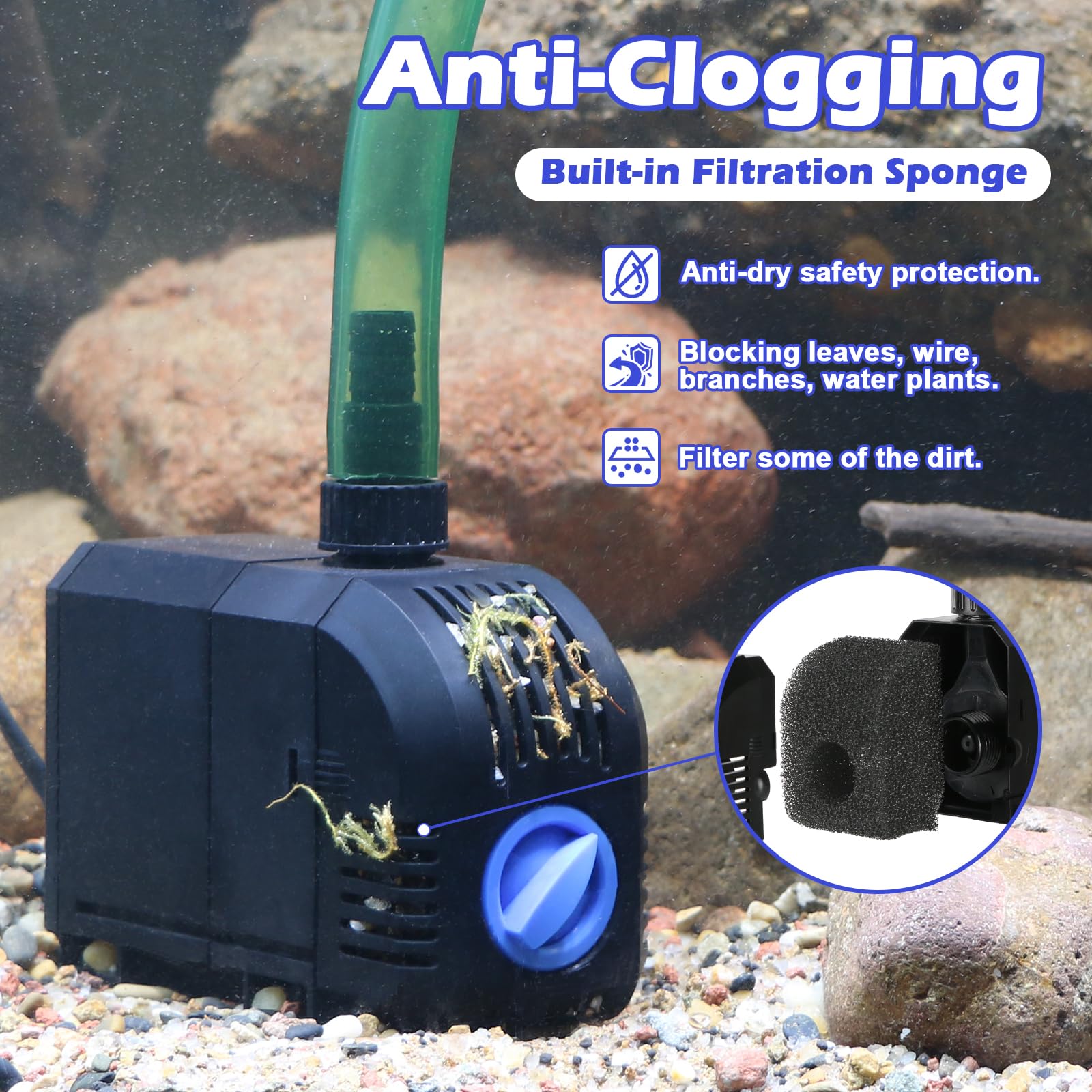 Submersible Water Pump 520GPH Aquarium Pump wSponge filter, 6.6ft. High Lift for Fish Tank Pond Hydroponic Water Fountain Sump Water Features Irrigation Powerful, Dry Burning Protection