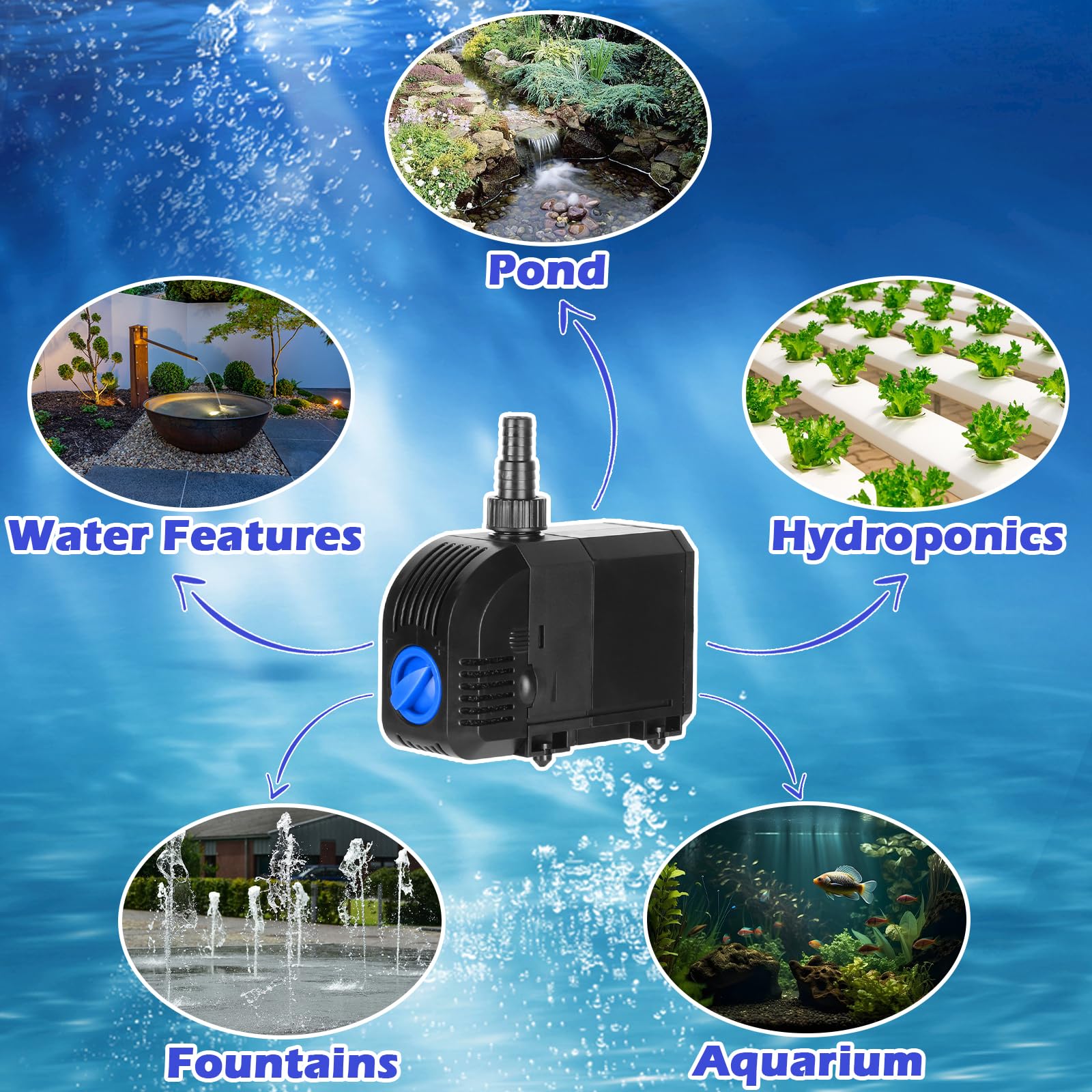 Submersible Water Pump 520GPH Aquarium Pump wSponge filter, 6.6ft. High Lift for Fish Tank Pond Hydroponic Water Fountain Sump Water Features Irrigation Powerful, Dry Burning Protection