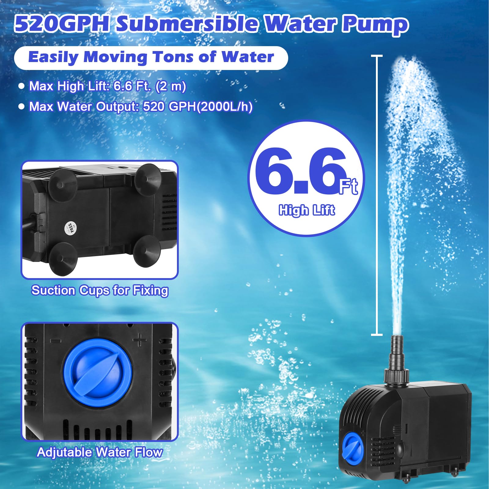 Submersible Water Pump 520GPH Aquarium Pump wSponge filter, 6.6ft. High Lift for Fish Tank Pond Hydroponic Water Fountain Sump Water Features Irrigation Powerful, Dry Burning Protection