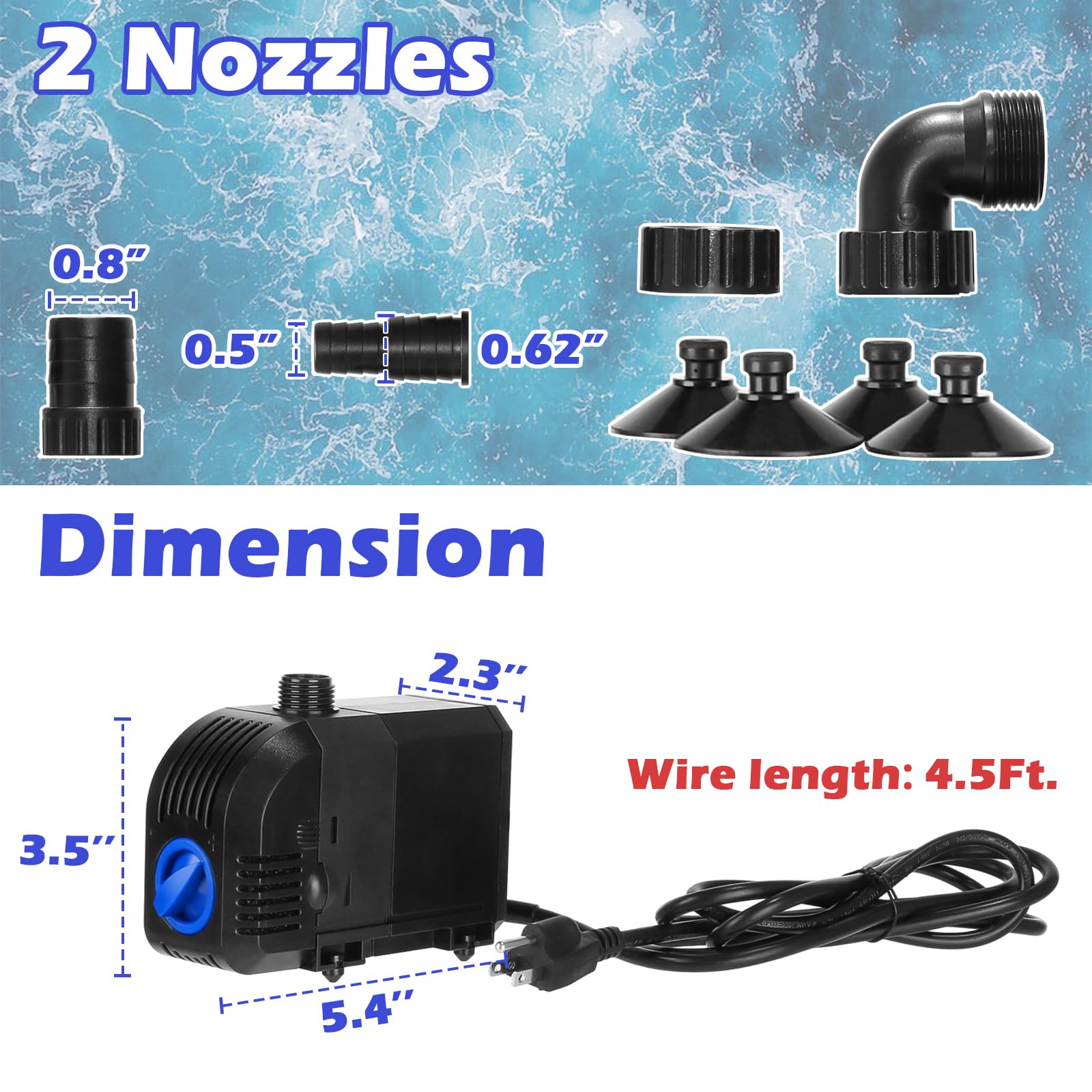 Submersible Water Pump 520GPH Aquarium Pump wSponge filter, 6.6ft. High Lift for Fish Tank Pond Hydroponic Water Fountain Sump Water Features Irrigation Powerful, Dry Burning Protection