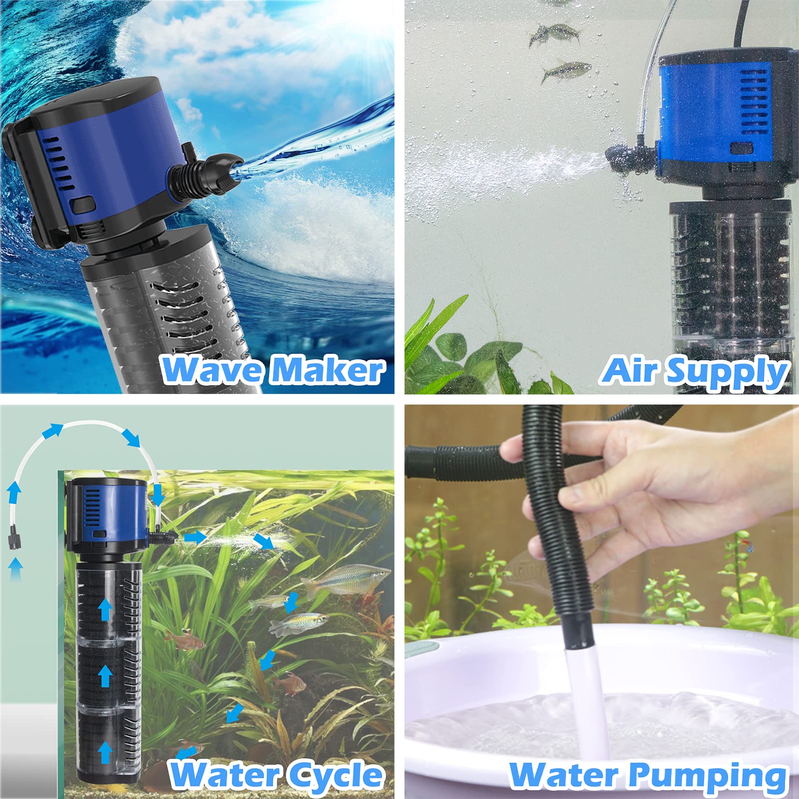TARARIUM Aquarium Filter Powerful 260 GPH for 35-75 Gallon Fish Tank Small Pond Fountain, Wave-Maker Submersible Water Pump Turtle Tank Filter for Saltwater & Freshwater System