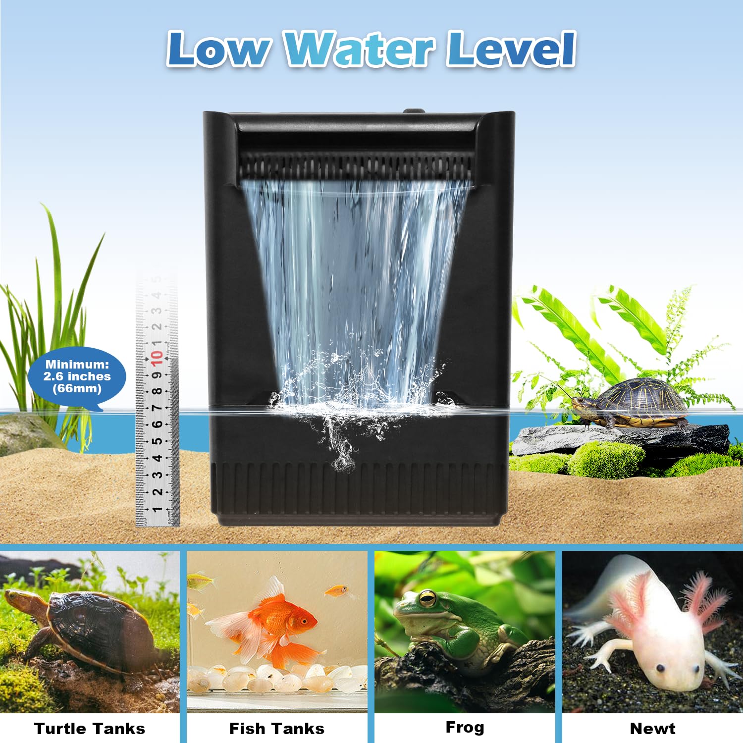 Turtle Tank Filter Aquarium Filter Power Adjustable 30-55 Gal. 290GPH Large Internal Filter 3-Stage Waterfall Bio-Filtration Low Water Level for Freshwater Saltwater Fish Tank Reptile Shrimp Frog