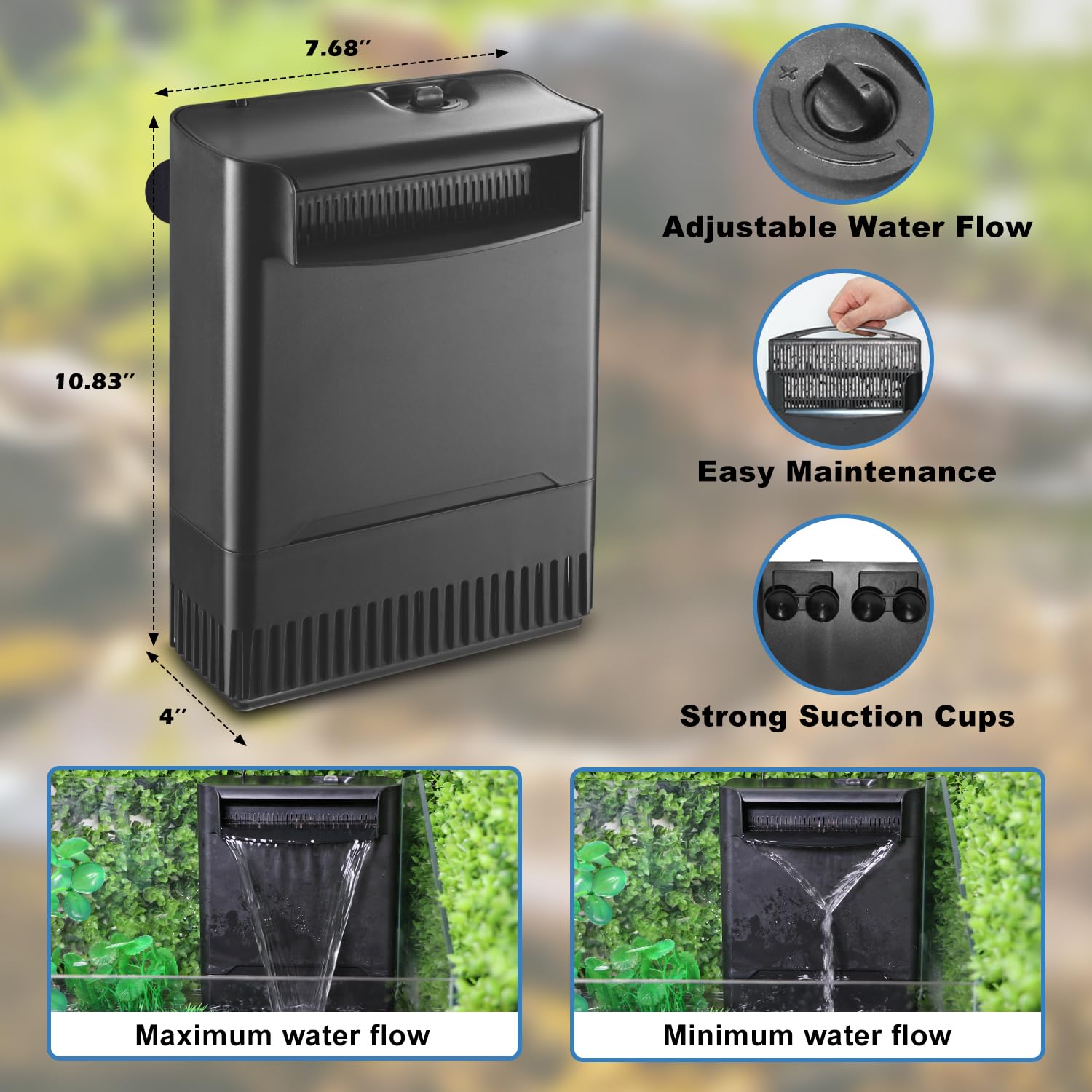 Turtle Tank Filter Aquarium Filter Power Adjustable 30-55 Gal. 290GPH Large Internal Filter 3-Stage Waterfall Bio-Filtration Low Water Level for Freshwater Saltwater Fish Tank Reptile Shrimp Frog