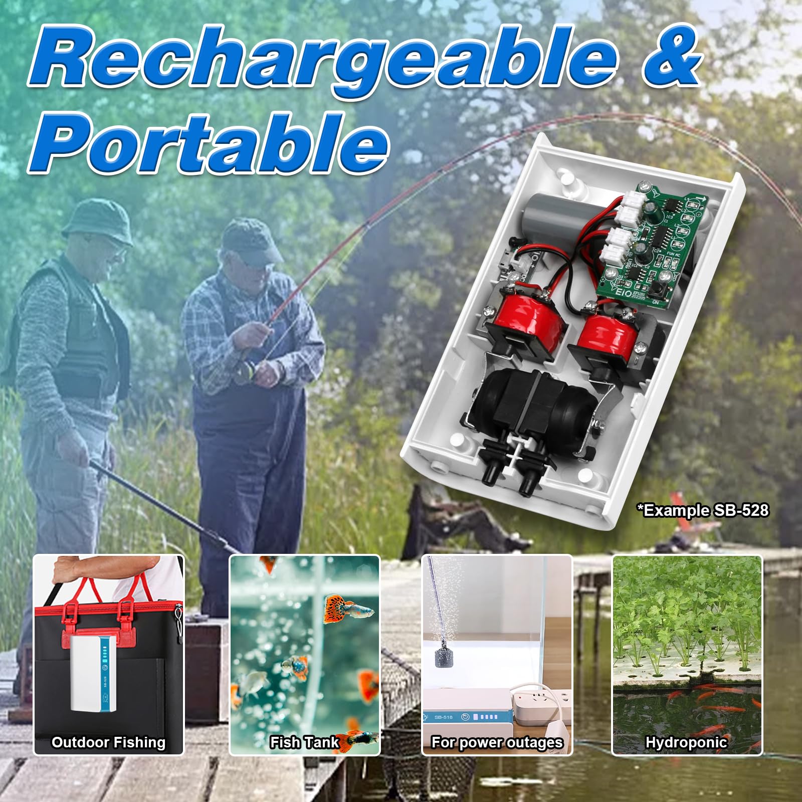 USB Rechargeable Aquarium Air Pump One Dual Outlet Fish Tank Bubbler Aerator Pump for 5-75 Gallon Portable Li-ion Battery Power Outage Outdoor Fishing Live Bait Bucket Aerator Quiet Oxygen Pump