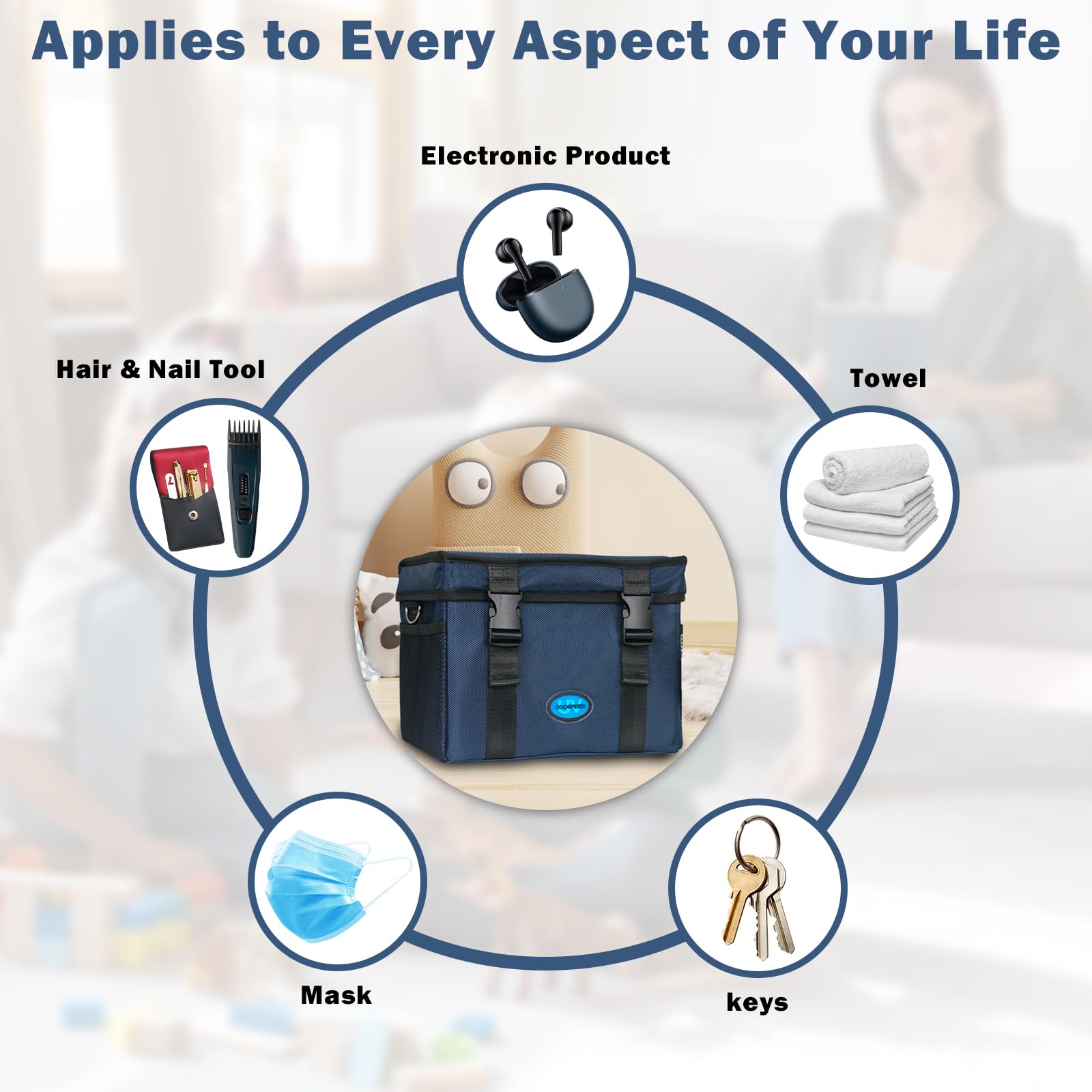 UVC Sanitizer bag  box Ozone Free with Timer Portable Large Cleaner Bag with USB Port, UV Light Blue Tote for Mask Cell Phone Baby Bottle Key Towel