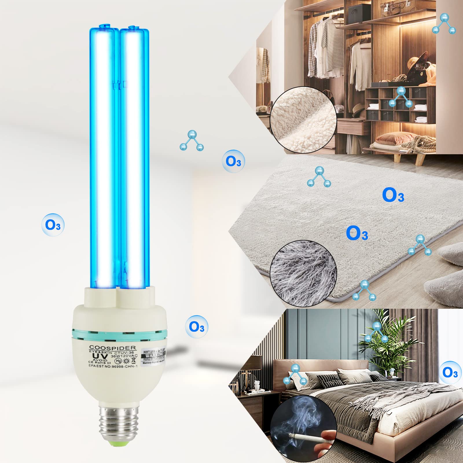 UVC with Ozone Germicidal Bulb 36W Self-Ballast E26 Screw Socket 120V for Kill Germ, Covers up to 600sq.ft (Replace Bulb CTUV-36)