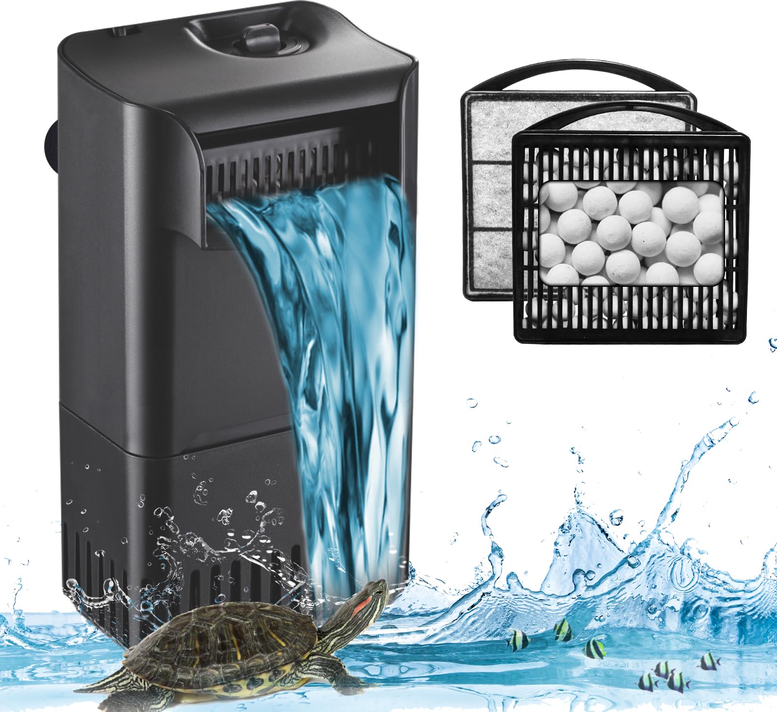 222GPH 10W Turtle Tank Filter Aquarium Filter Power Adjustable 10-40 Gal. Small Internal Filter 3-Stage Waterfall Bio-Filtration Quiet Low Water Level for Freshwater Saltwater Fish Tank Easy to Clean