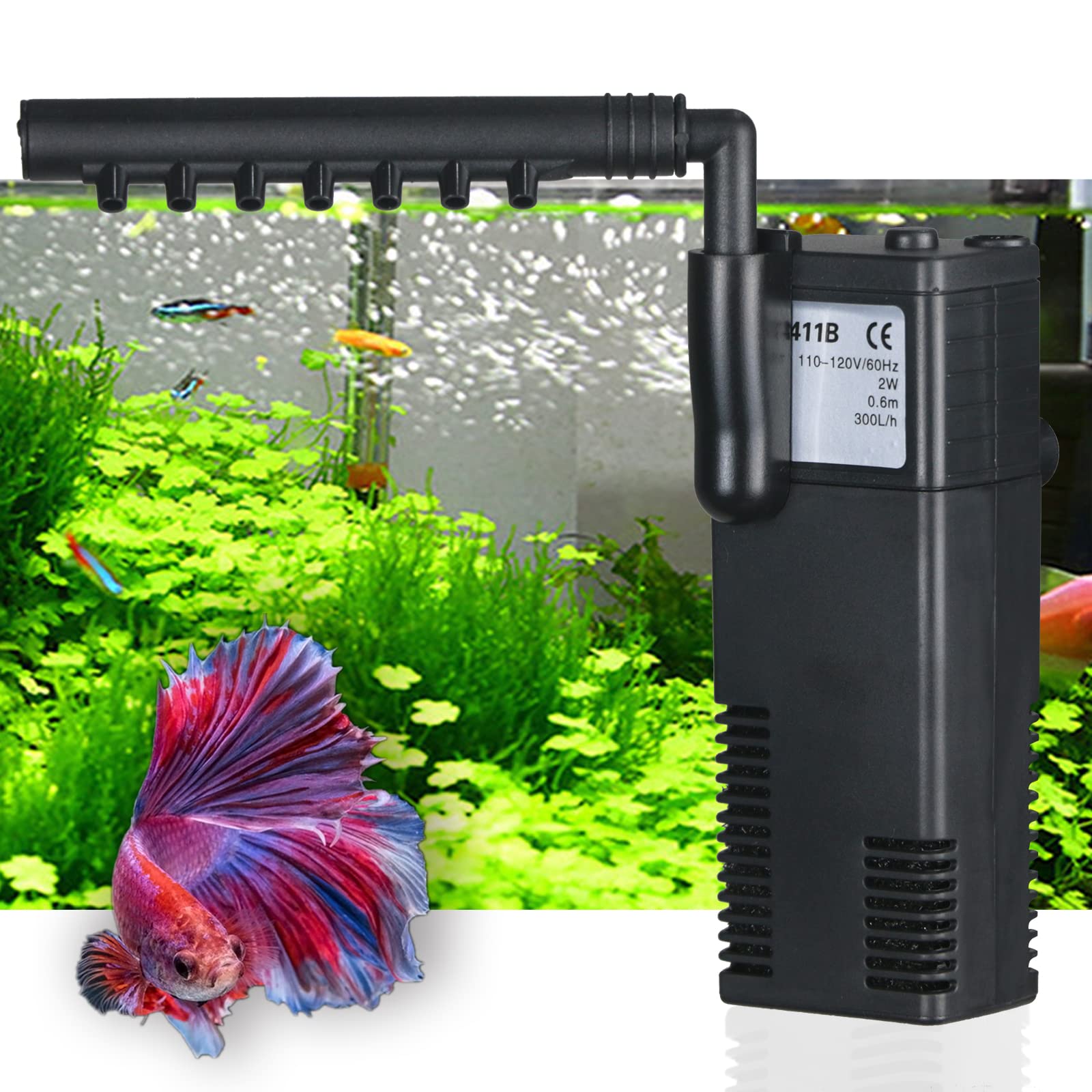 Aquarium Filter Small Betta Fish Tank Filter for 2-15 Gallon Silent 4-in-1 Adjustable Air Flow Fish Turtle Shrimp Tank Filter Submersible Aquarium Internal Filter 79 GPH Biochemical Rainwater