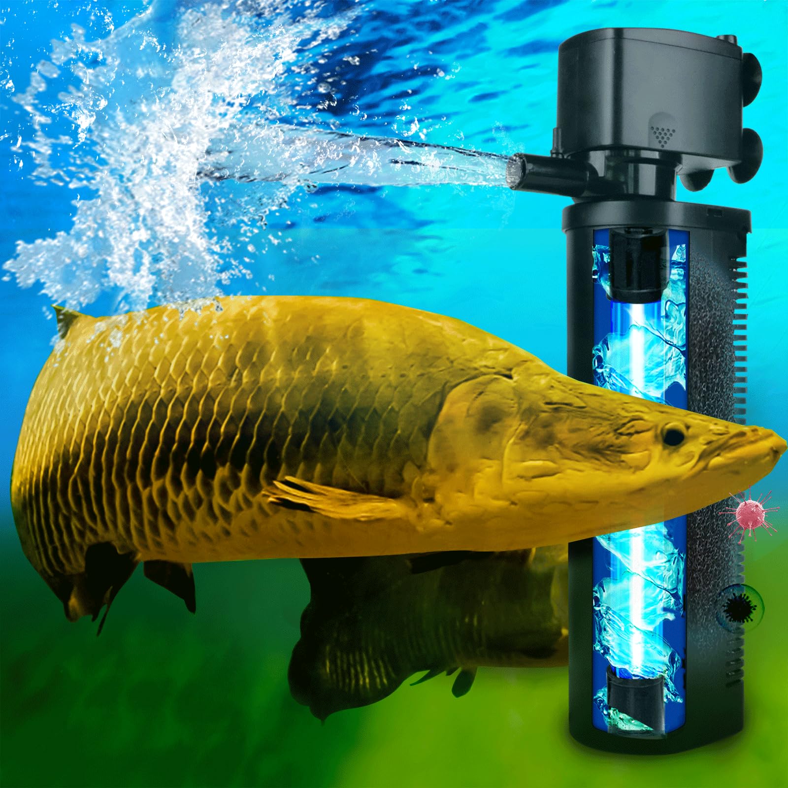 600GPH UV Aquarium Filter for 100-300 Gal Tank, Large Fish Turtle Tank Green Water Clean Machine Submersible Canister Filter Powerful Pump Pond Filter for Saltwater Freshwater Crystal Green Killing