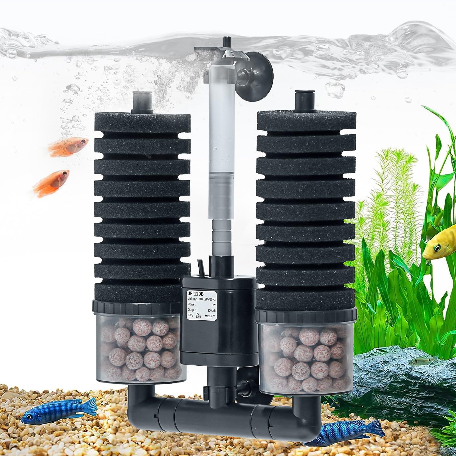 Aquarium Sponge Filter 15-55 Gallon Fish Tank Filter, Electric Power Double Sponge Filter, Quiet Small Low Flow Foam Filter For Fish Tank Betta Shrimp, Intake Dual Sponge Filter Kit w/ Bio Balls &Pump