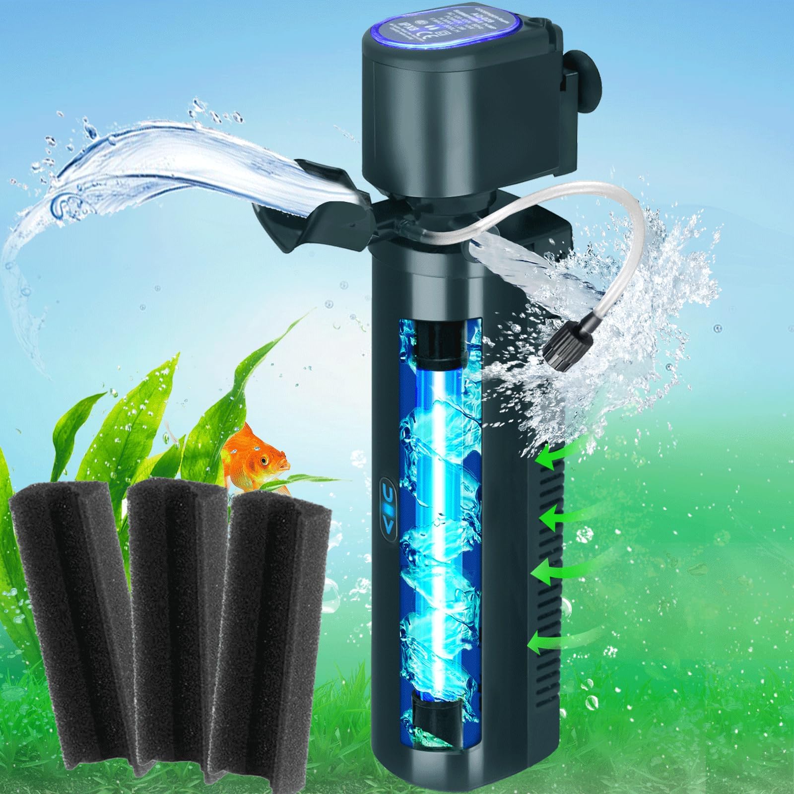 028F 200GPH Aquarium Filter, U-V for Aquarium for 20-75 Gal Tank, Submersible Pump Filter for Green Water and Algae Clean, Ultra-Silent Green Killing Machine with Fish Tank Deodorization