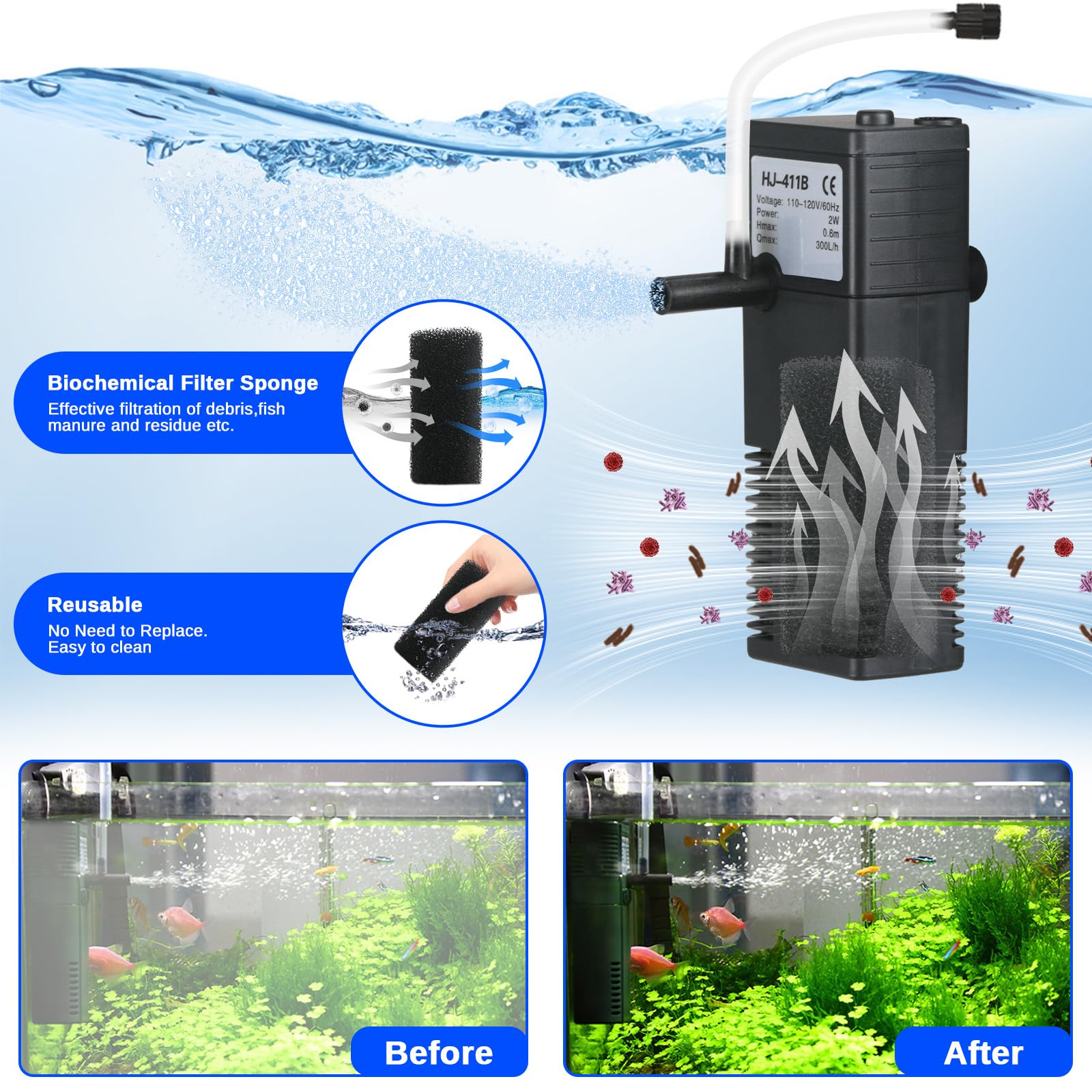 Aquarium Filter Small Betta Fish Tank Filter for 2-15 Gallon Silent 4-in-1 Adjustable Air Flow Fish Turtle Shrimp Tank Filter Submersible Aquarium Internal Filter 79 GPH Biochemical Rainwater