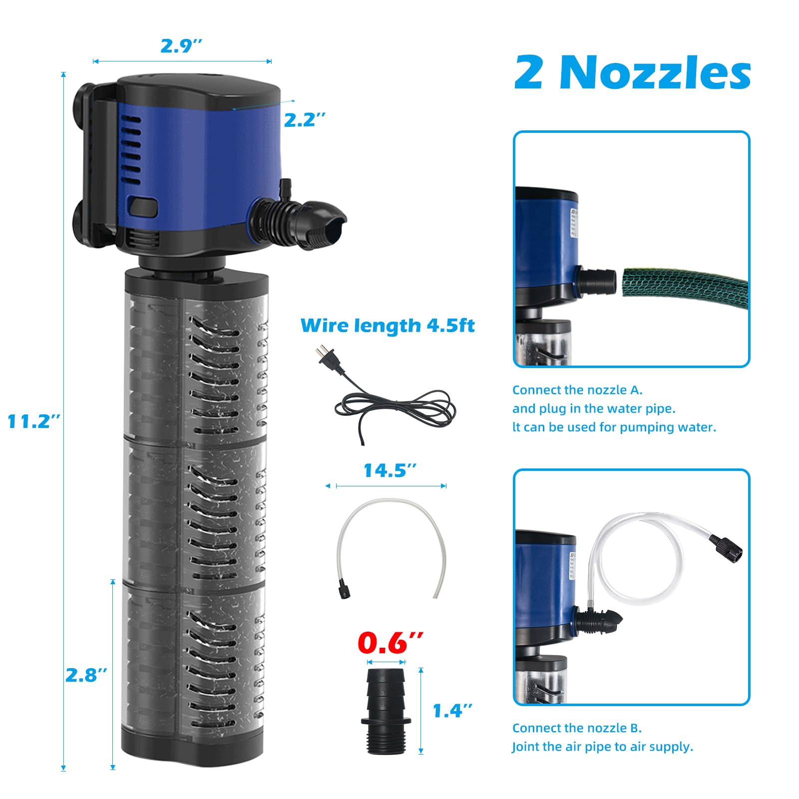 Pond Pump 660GPH Filtration Pump, Fountain Sump Submersible Water Pump w/Sponge Filter, 8ft. High Lift Powerful Quiet Pump for Aquarium Hydroponics,Dry Burning Protection