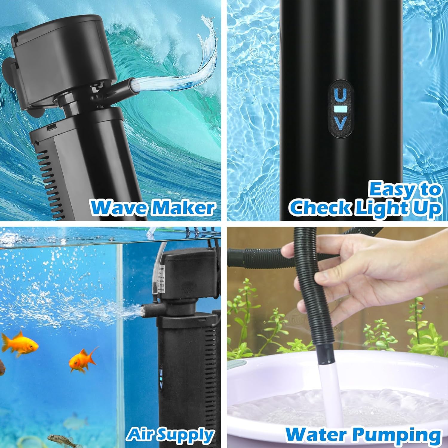 Aquarium Filter U-V w/Scientific 3,6,12,24H Timer for 40-150 Gal Fish Turtle Tank 264GPH Canister Internal Filter Submersible Power Pump Air Supply Saltwater Freshwater Killing Green Clean Machine