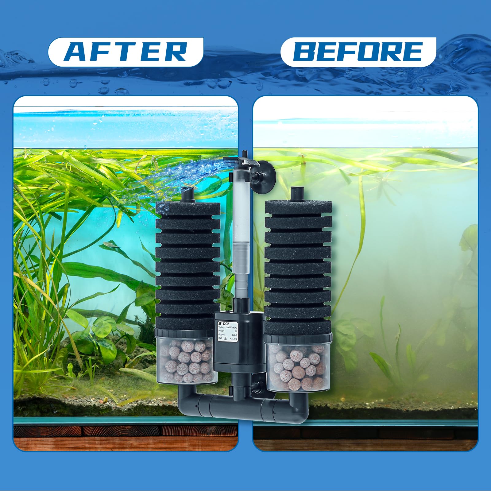 Aquarium Sponge Filter 15-55 Gallon Fish Tank Filter, Electric Power Double Sponge Filter, Quiet Small Low Flow Foam Filter For Fish Tank Betta Shrimp, Intake Dual Sponge Filter Kit w/ Bio Balls &Pump