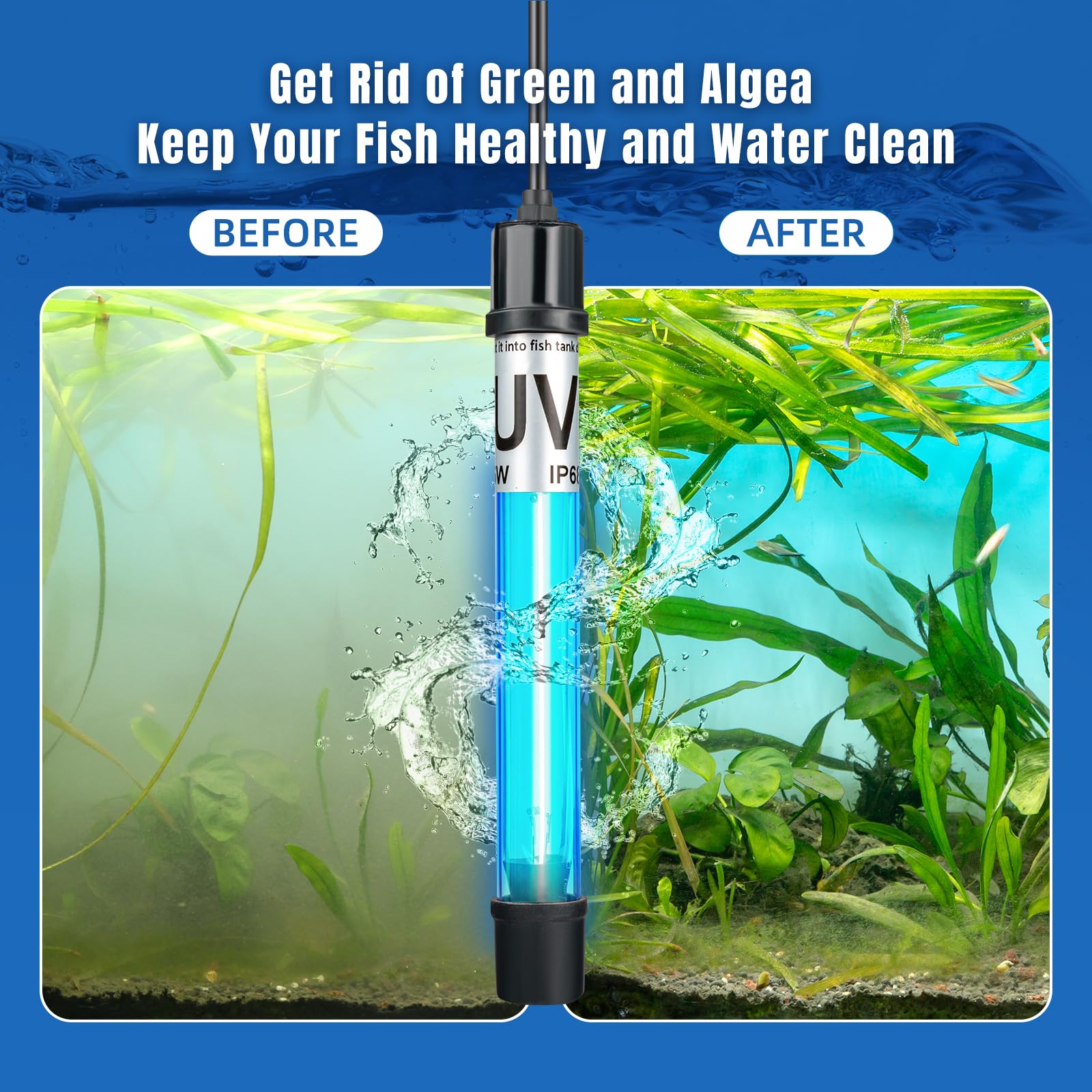 13W Aquarium UV Sterilizer for 70-200 Gallon Fish Tank Light Aquarium Algae Clean Light Green Killing Machine Algae Remover