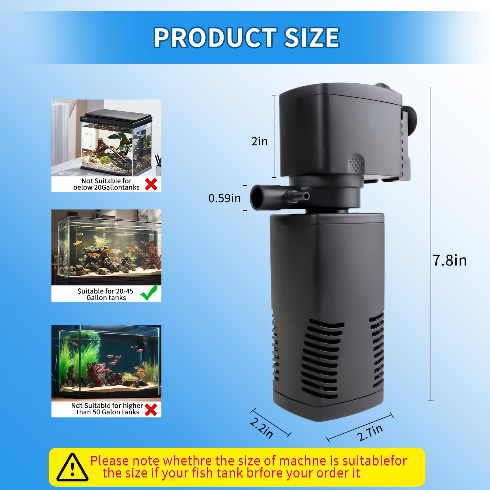 022F Fish Tank Filter, Internal Aquarium Filter for 20-45 Gallons Tank, with Biochemical Sponge Turtle Tank Filter, Ultra-Quiet with Aeration Powerful Submersible Pump & Filter System