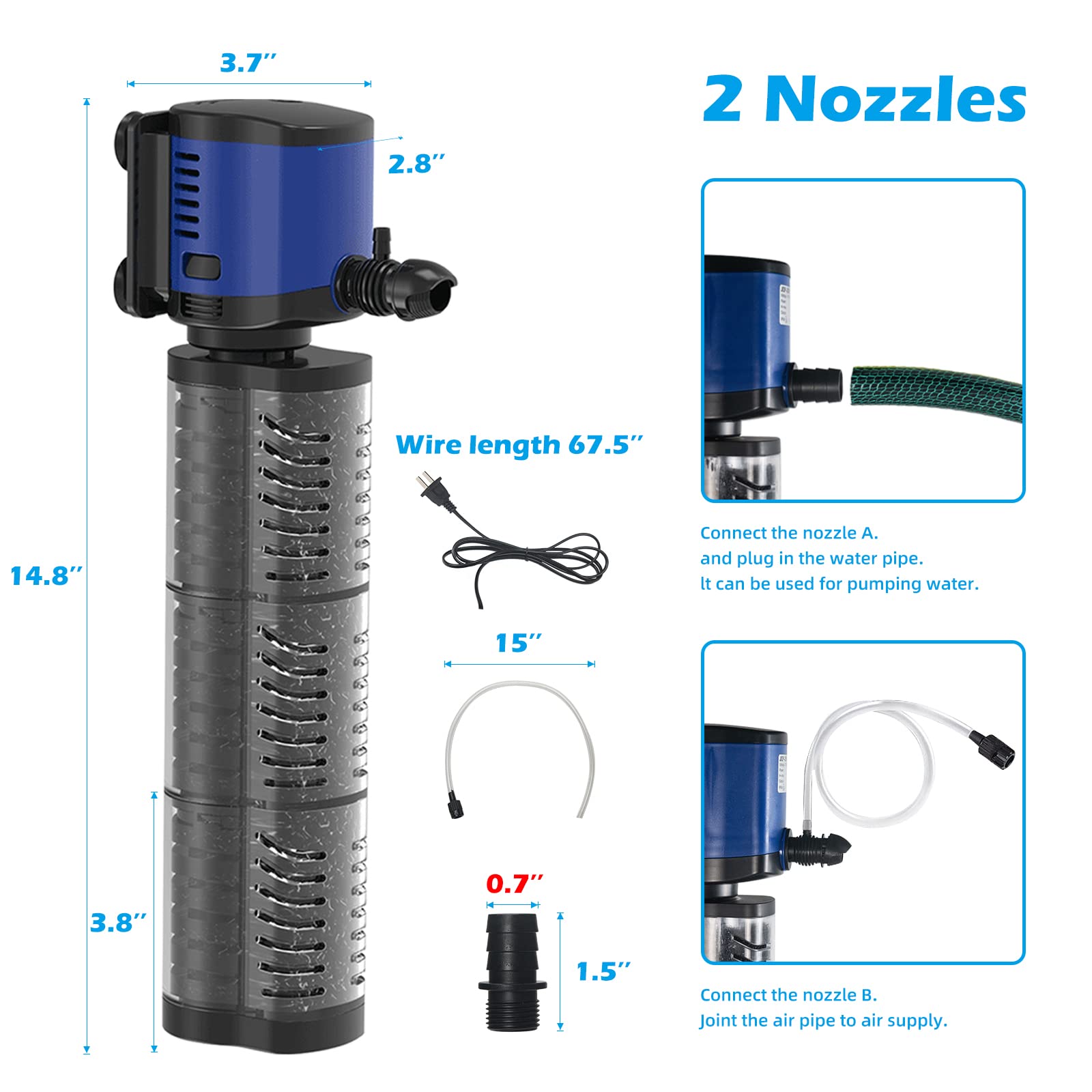 Aquarium Filter for 75-300 Gallons Tank, Internal Fish Tank Filter, Powerful Pond Pump Submersible for Large Fish Tanks, Turtle Tanks, Kois Filter System, Cold Plunge, Small Pond and Pool