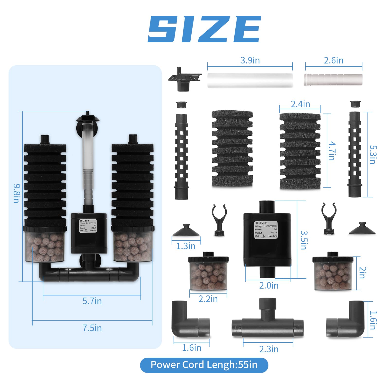 Aquarium Sponge Filter 15-55 Gallon Fish Tank Filter, Electric Power Double Sponge Filter, Quiet Small Low Flow Foam Filter For Fish Tank Betta Shrimp, Intake Dual Sponge Filter Kit w/ Bio Balls &Pump