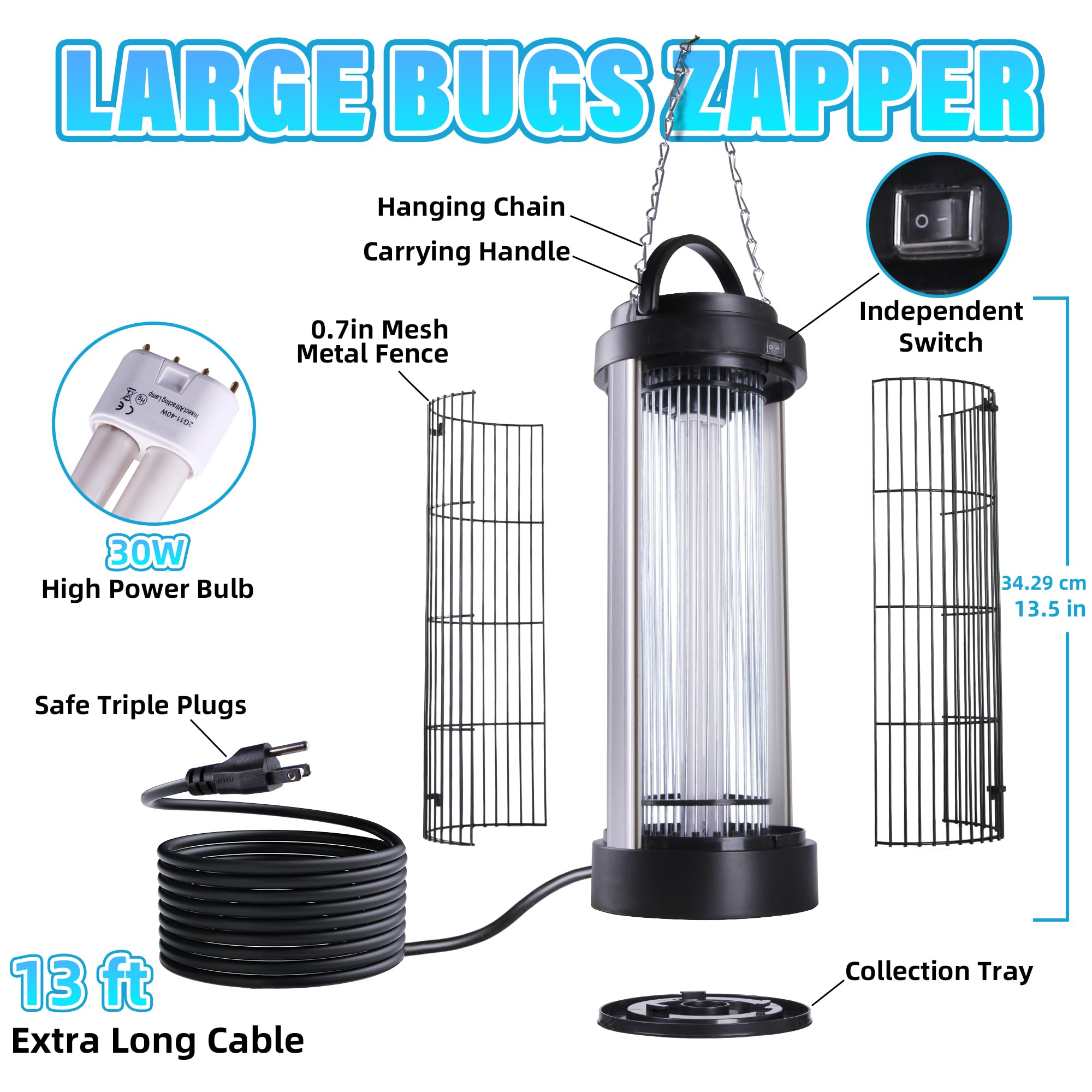 Powerful Bug Zapper Outdoor for 5000 Sq.Ft. with 13FT Power Cord, 3600V Instant Killing Grid Removable Hanging High Power Outdoor Mosquito Killer, Fly Trap Lamps for Garage Farm Home
