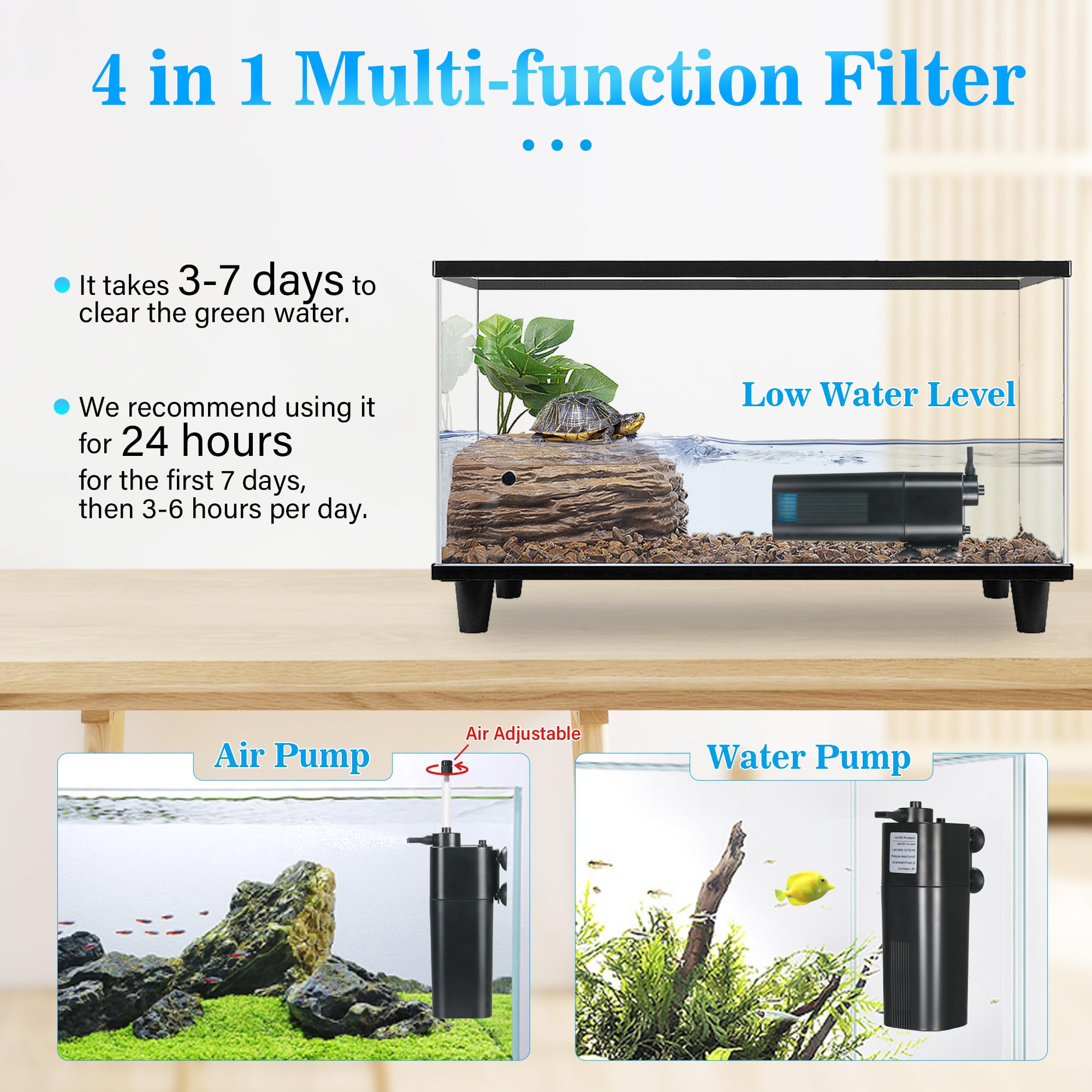 Aquarium U-V Filter for 10-40 gal, 132 GPH Swirl Turbo Design Submersible Internal Turtle Fish Tank Filter w/Timer, Quiet Power Pump Air Supply Green Clean Machine Saltwater Freshwater Green Killing