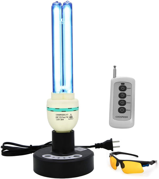 UV Germicidal Light Sterilization rate 99.99% Remote Control Timer 15/30/60 minutes 120V 36W Table Lamp,for Remove Musty (Ozone-free CTUV-36)