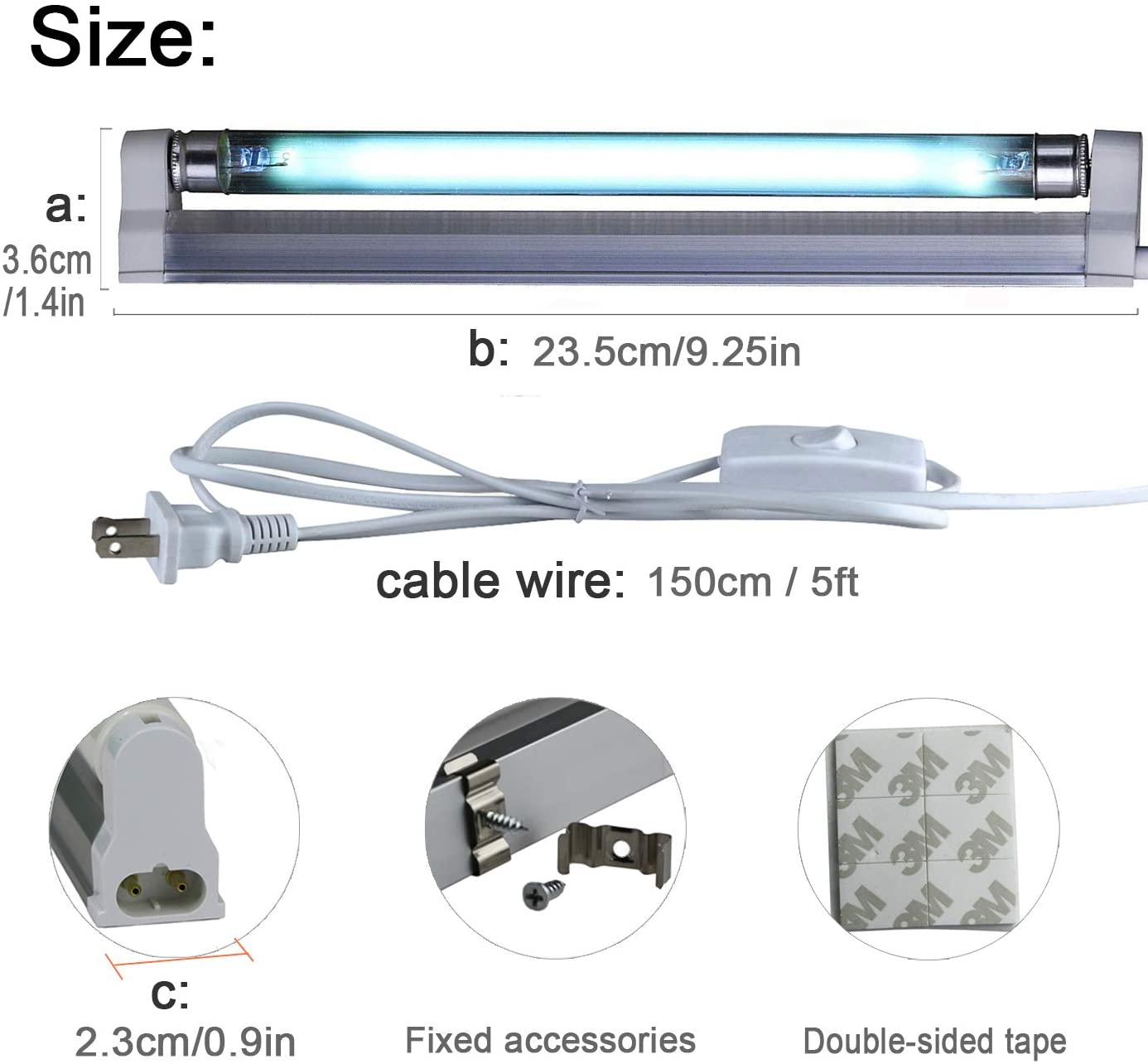 UVC Germicidal Lamp UV-C Bulb Light with 5ft Cord and Plug Cover up to 100 sq. ft. Room 110V 6W UVC (Ozone-free)